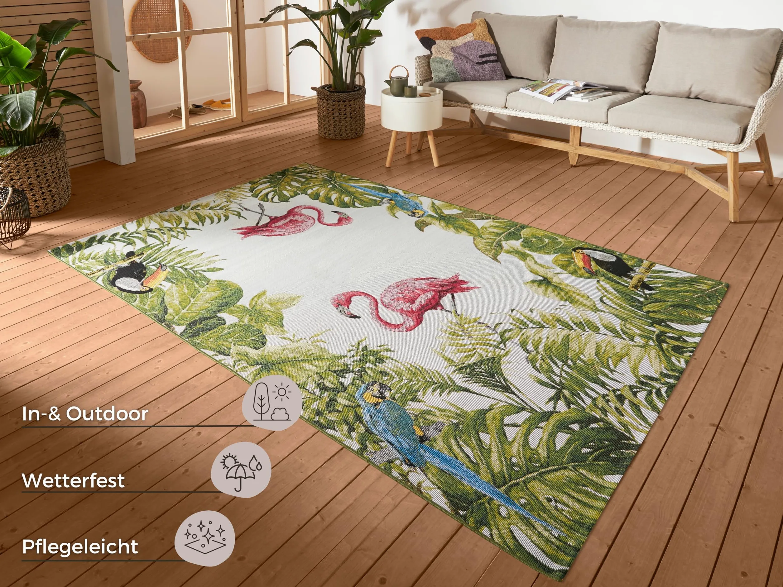 HANSE Home Tropical Birds Tapis d'intérieur et d'extérieur - Tissu Plat - Design Flamant Rose - Résistant aux intempéries et aux UV - pour Balcon, terrasse, Jardin, Salon - Coloré, 120 x 180 cm