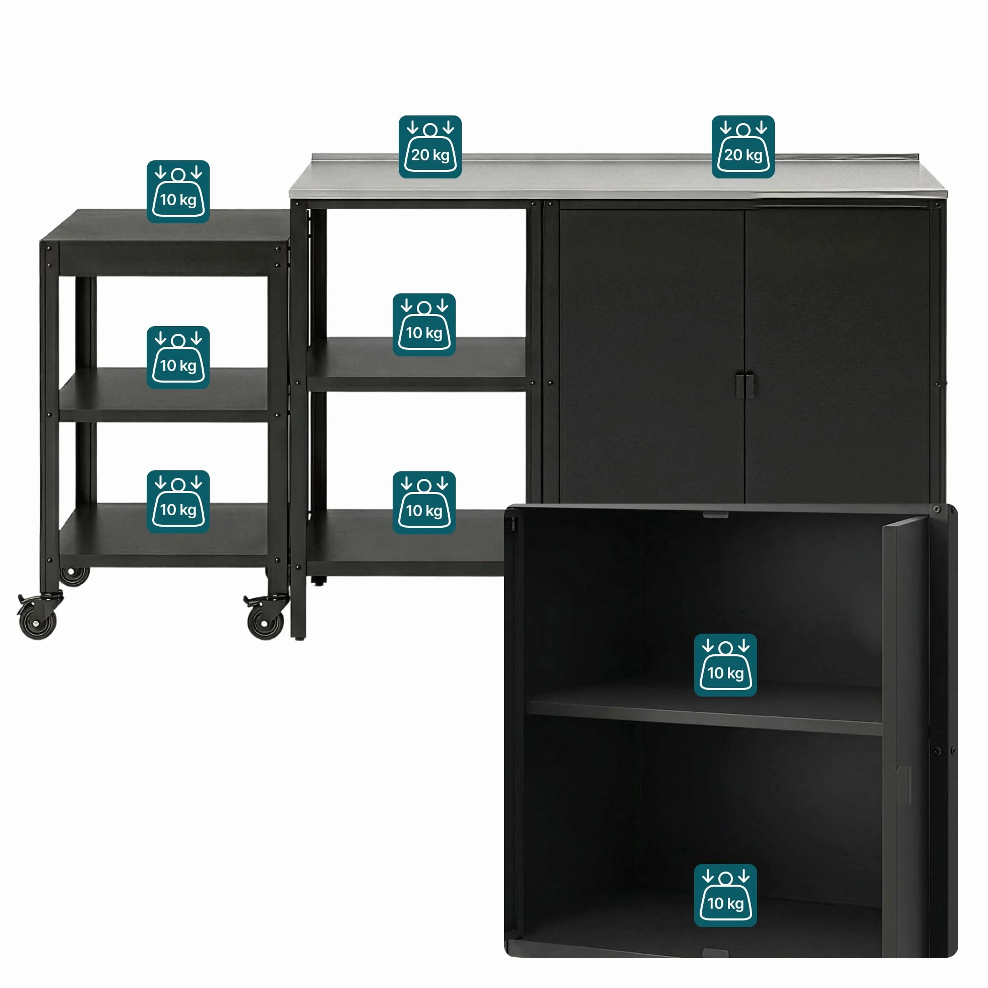 Ensemble de 3 Meubles Outdoor Bolognano Armoire d'Extérieur Chariot Barbecue Acier Noir Mat