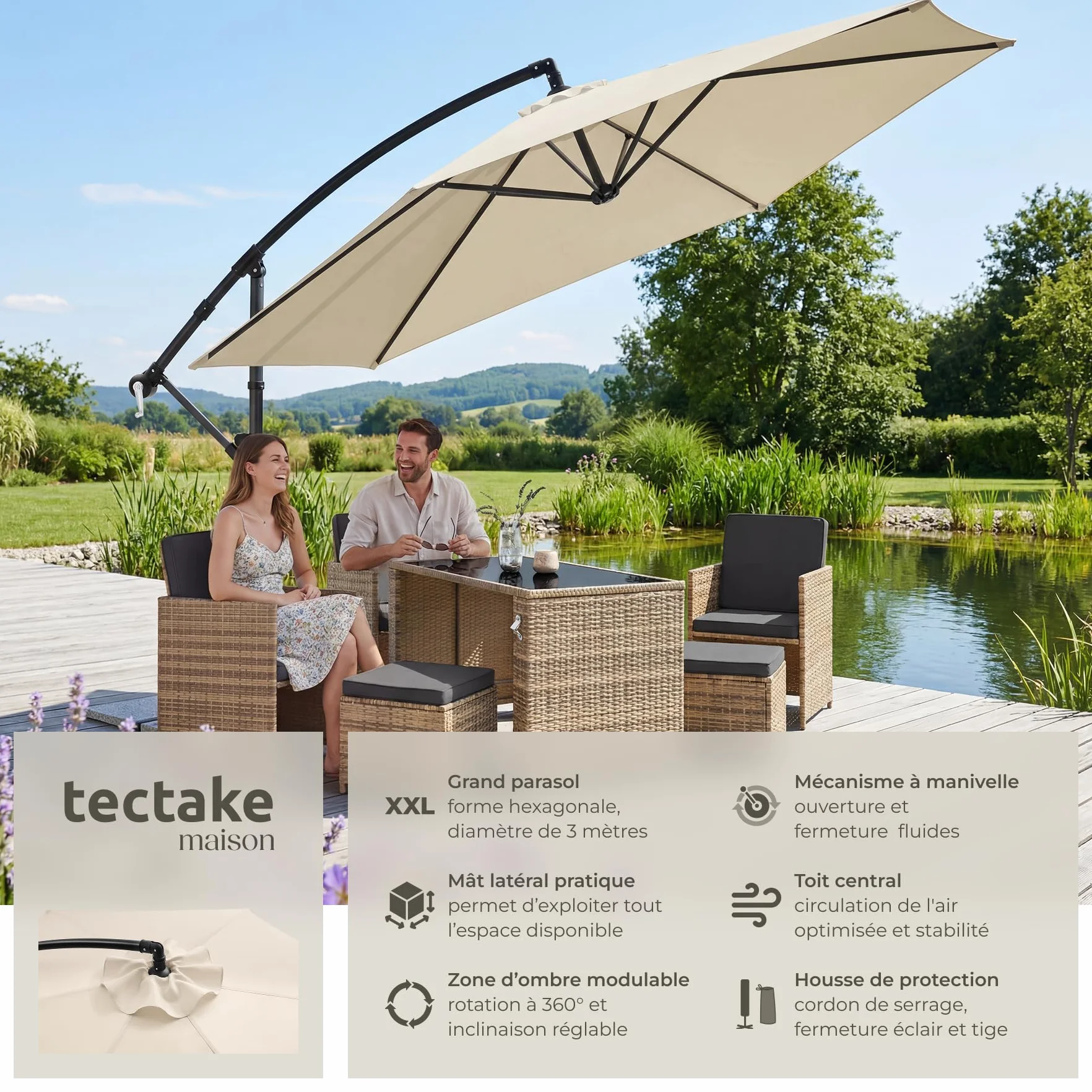 Tectake Parasol déporté 3x3 m Pivotant 360° Inclinable 90°-135° Protection UV 50+ Double-toit Jardin Terrasse