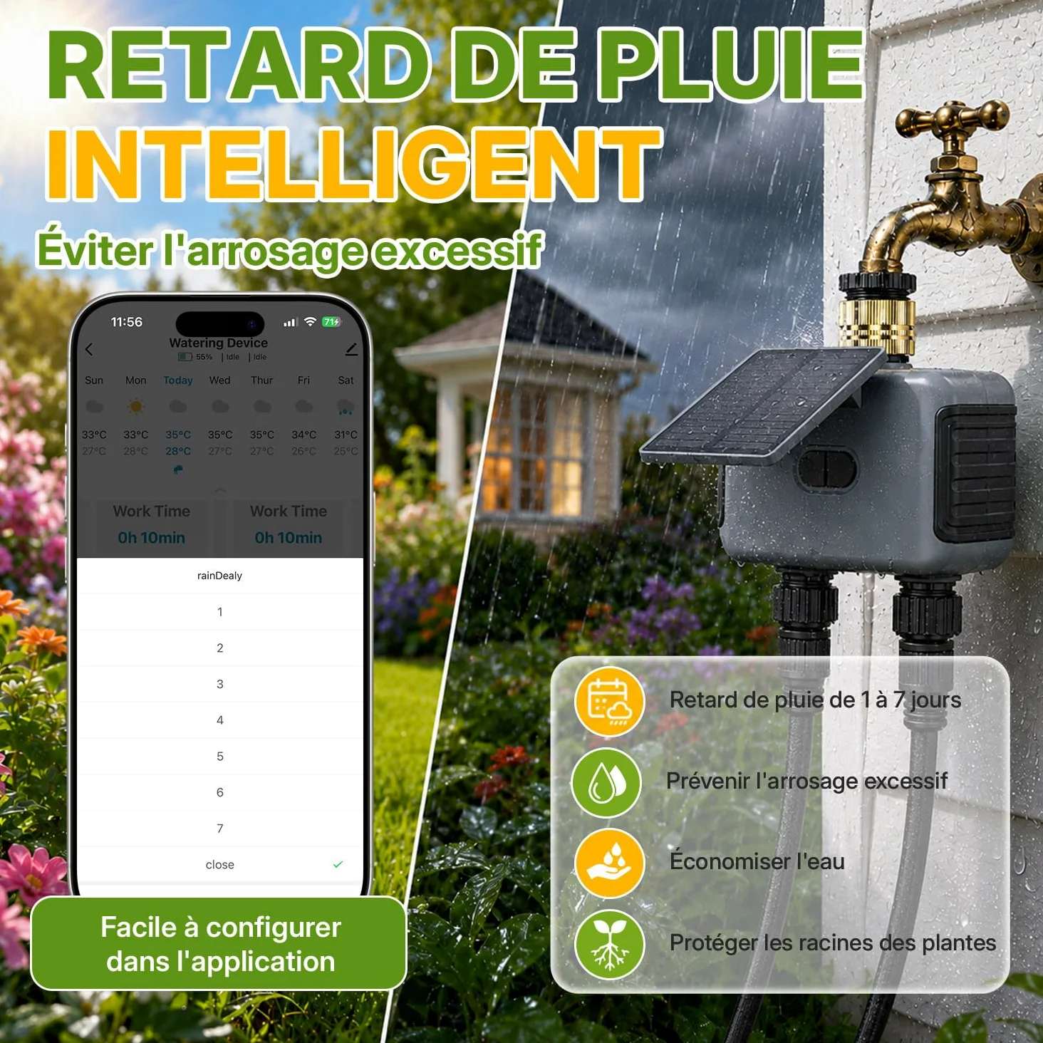 Mcbazel Programmateur d’Arrosage Automatique WiFi à 2 Sorties pour Jardin et Pelouse, avec Panneau Solaire Rechargeable, Conception Étanche IP55, Compatible Application Smart Life et Assistants Vocaux