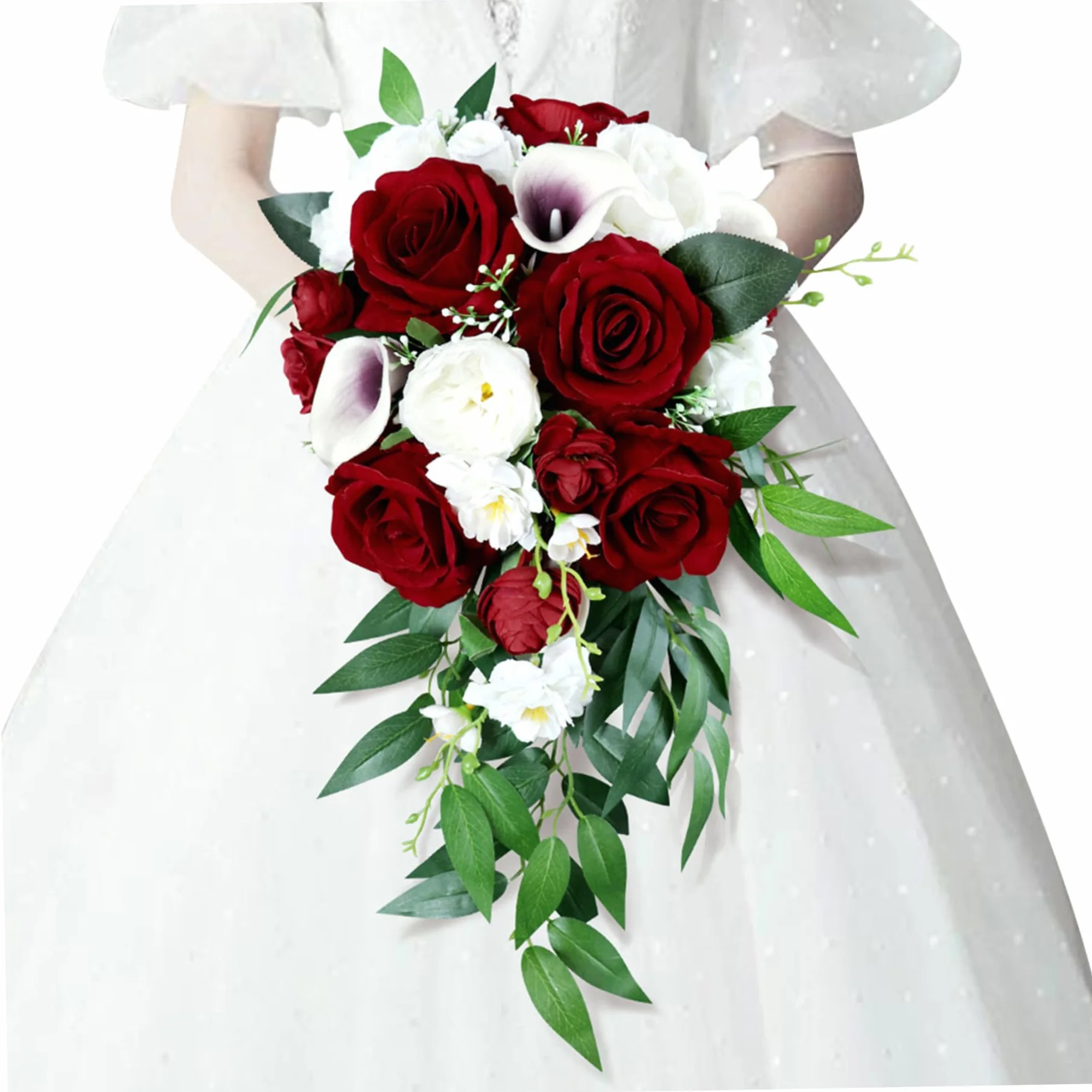 Bouquet de Mariage Lys Rouges et Rose Artificiel en Cascade