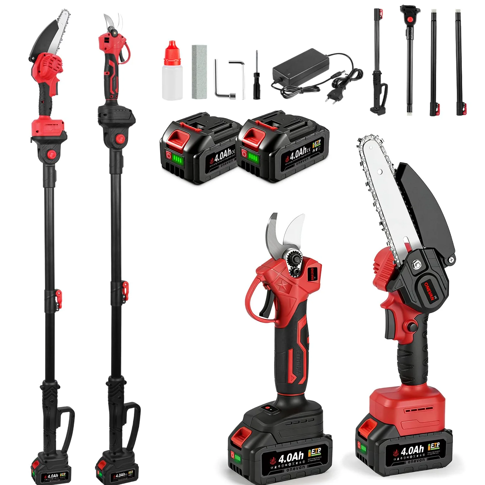 ONEVAN Elagueuse sur perche, 4 en 1 coupe branche 2 batteries 4Ah | Autonomie 50min, Ouverture 3cm, 15cm Tronçonneuse, Perche télescopique 2m, Angle réglable 180°, Pour l’élagage des arbres