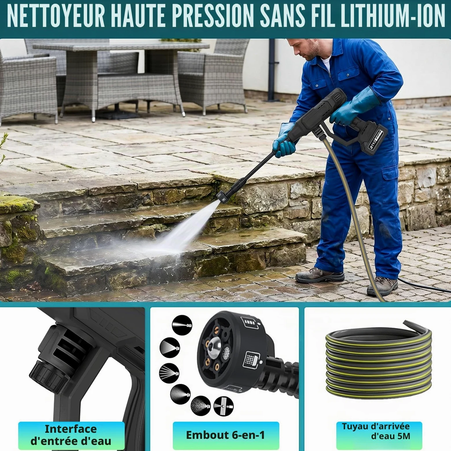 Nettoyeur Haute Pression sans Fil 125 Bar, Moteur sans Balais 1500W & Écran LCD, avec 2X 21V 4.0Ah Batteries, 4 Niveaux de Pressio, 600 L/h, Buse 6-en-1 & Tuyau 5m pour Voiture et Jardin