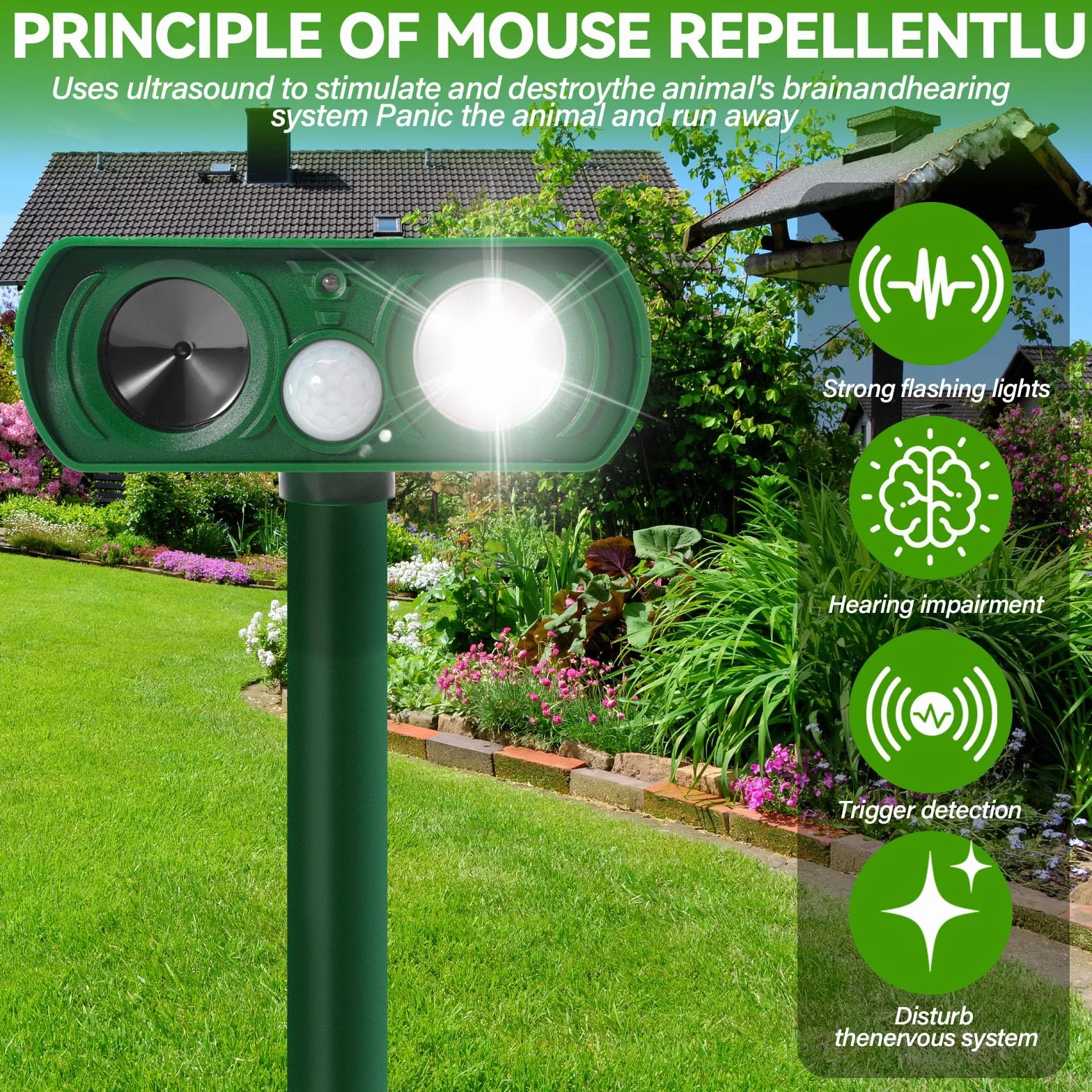 Répulsif Chat Ultrason Extérieur avec Détecteur de Mouvement Lumière LED Étanche pour Jardin Chien Écureuil Renard 510B
