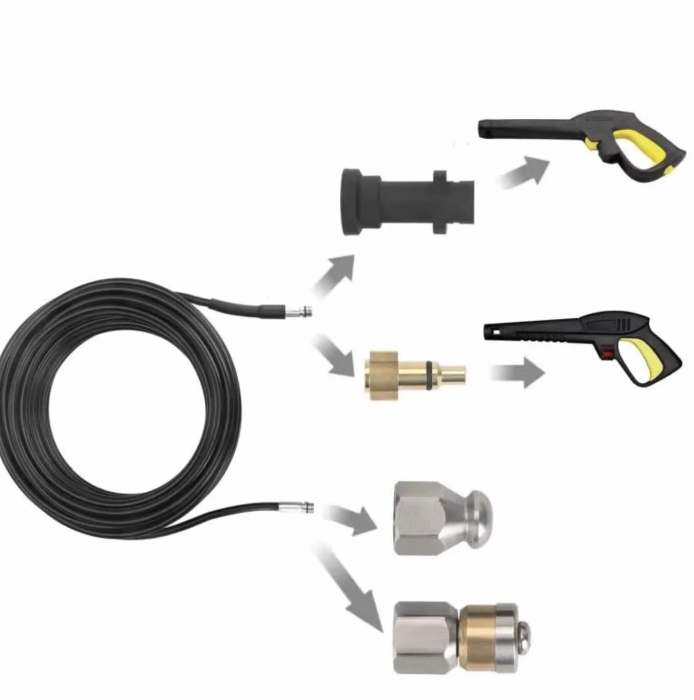 YUET 15M Tuyau Déboucheur Canalisation pour Kärcher série et LAVOR | pour Nettoyeur Haute Pression avec Buse à Jet et Buse Rotatif, Kit de Tuyau avec Adaptateurs pour Karcher K2/K3/K4/K5/K6/K7