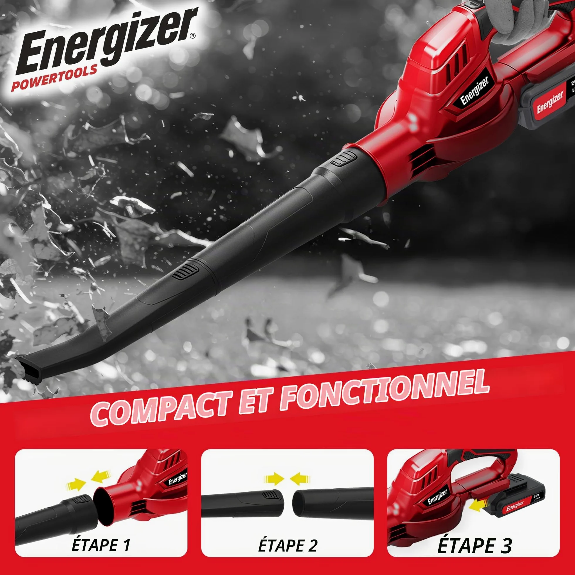 Energizer - Souffleur de Feuilles sans Fil 20V Batterie (Incluses) - Moteur 13000RPM - Puissance de Soufflage 210km/h - Léger 1,2 kg - Ergonomique & Performant - Feuilles, débris, poussière, etc