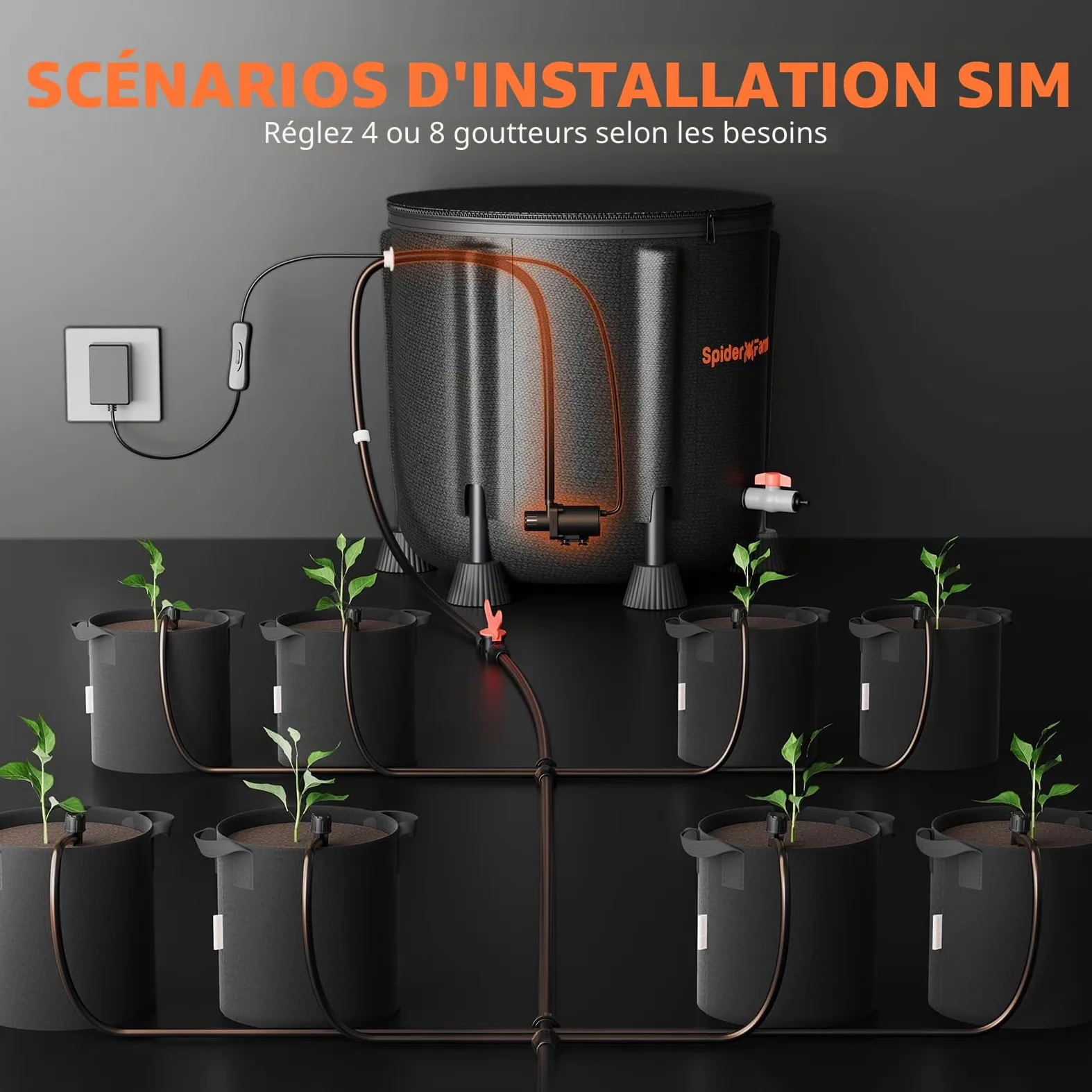 Kit de système d'irrigation automatique Spider Farmer avec pompe à eau 25 W, seau 13 gallons, capteur de faible niveau d'eau, système d'arrosage intérieur complet