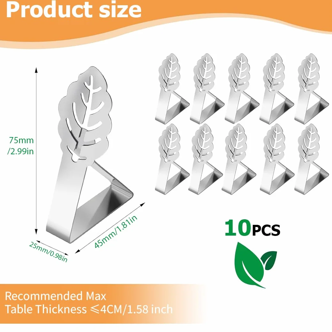 Pinces pour Nappe décoratives en Acier Inoxydable, Clips Anti-Glissant, Extérieur, Pique-Nique, Barbecue, Mariage, Fête (10 Pièces, Feuilles)