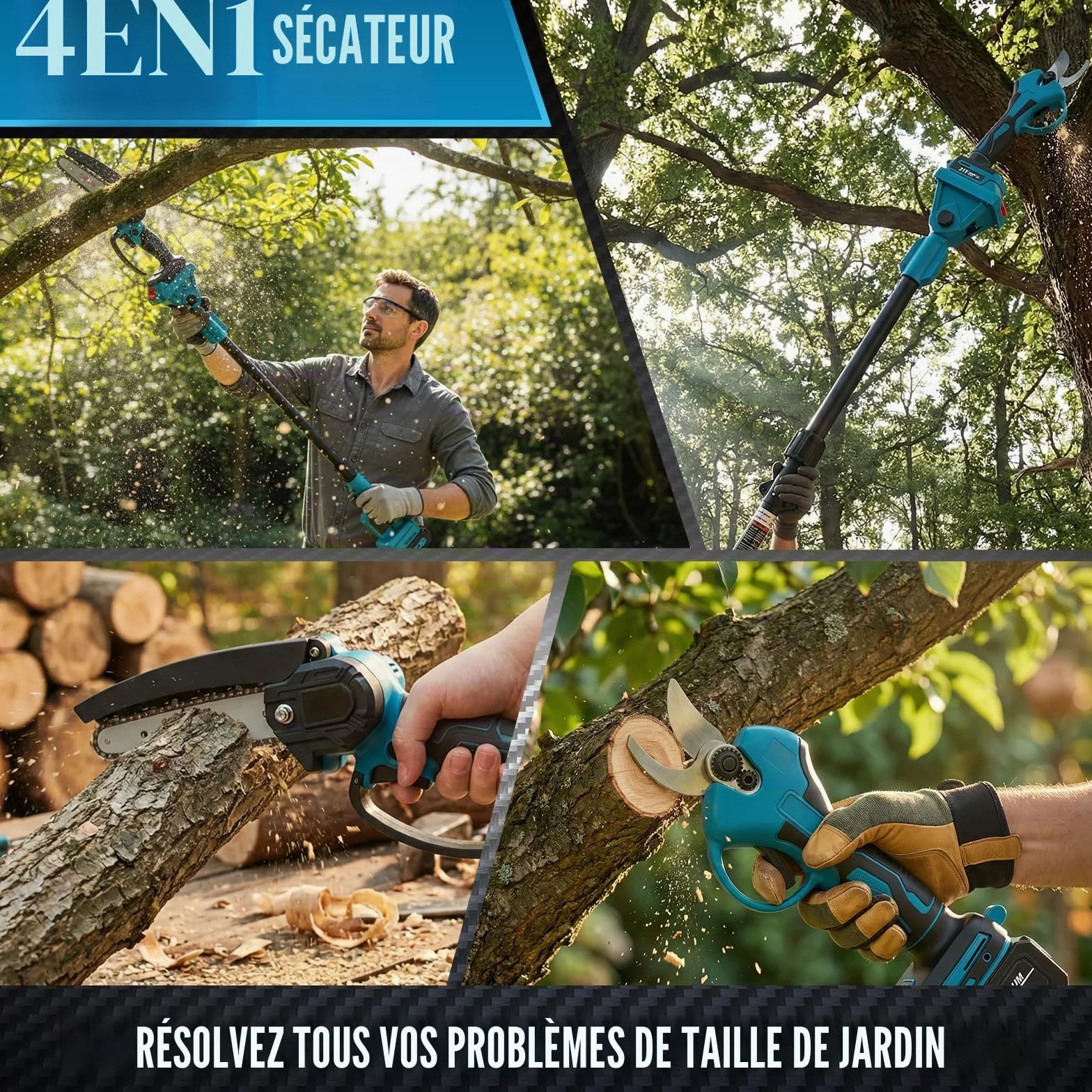 4 en 1 Élagueuse sur Perche sans Fil, 6'' Tronçonneuse Électrique Sans Fil, Secateur Electrique avec Perche Réglable de 1,32 à 2,3 m, avec 2 Batteries et Chargeur pour l'élagage et le Jardinage