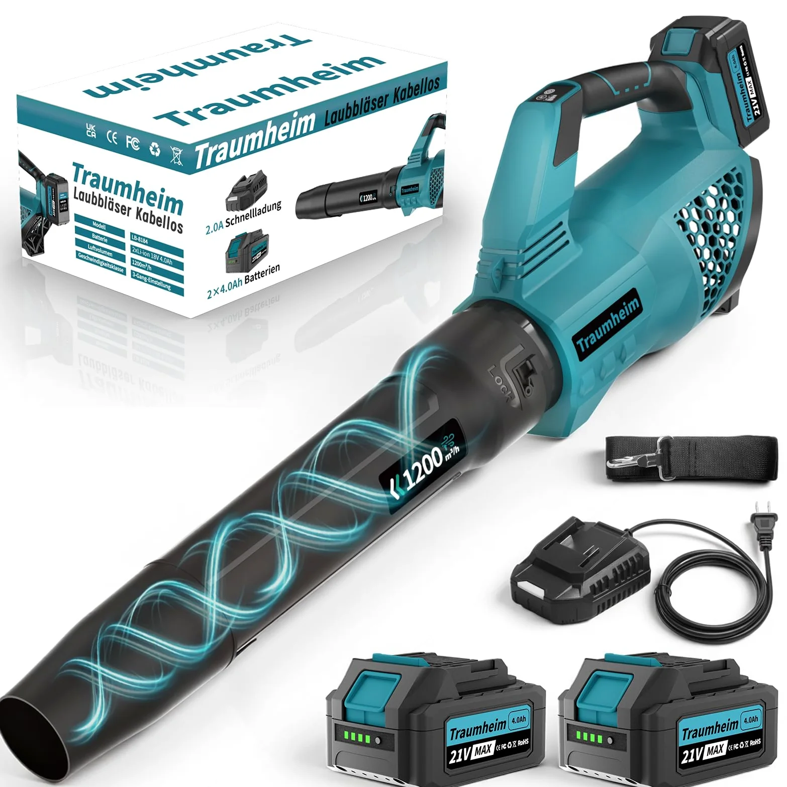 Souffleur de Feuilles sans Fil avec Batterie, 3 Vitesses, électrique sans Fil avec 2 Batteries 4,0Ah/21V, 1200 m³/h, pour Jardin, Feuilles, poussière et Neige