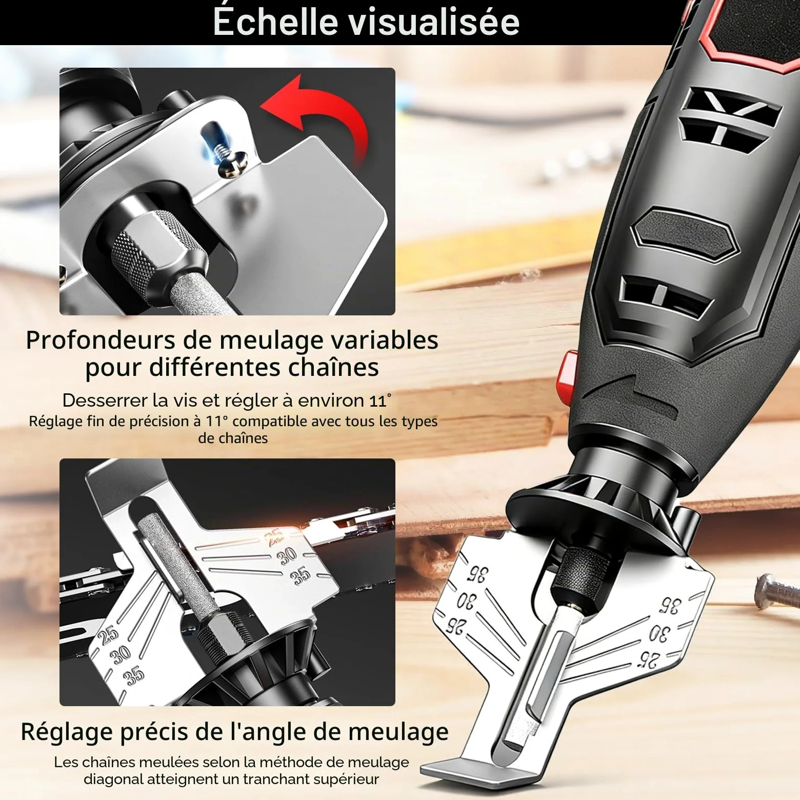 Kit d'affûtage électrique pour tronçonneuses, 2 batteries + chargeur. Outil à grande vitesse avec 20 têtes céramique & 20 meules diamantées, adapté à toutes les chaînes.