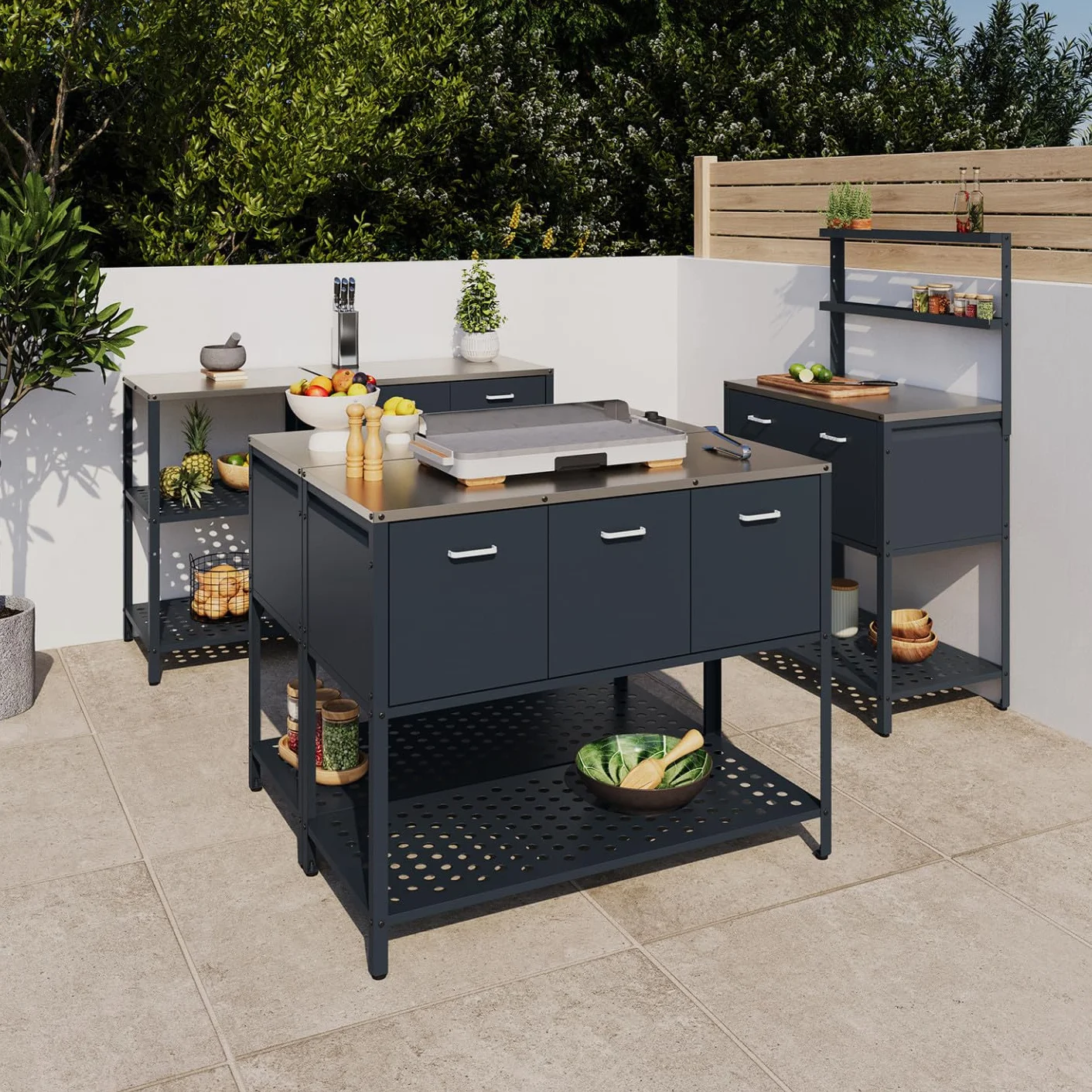 Meuble de Cuisine extérieure Pareo 3 Portes avec étagère en Acier Gris Anthracite