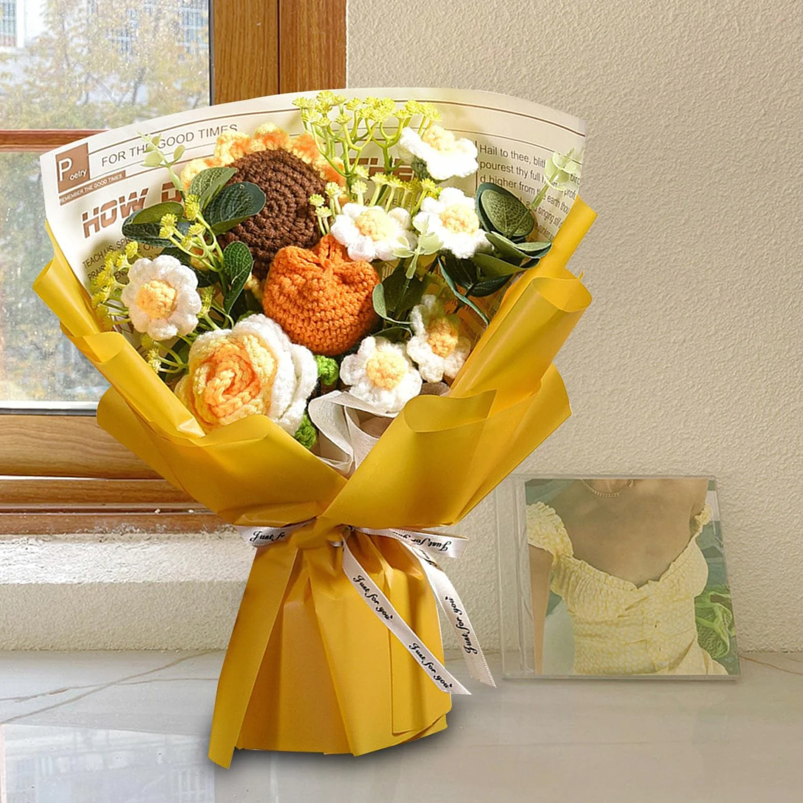 Colcolo Crochet Fleurs Bouquet DIY Décor Maison Tricot Daisy Bouquet Table Centre de Table Décor Journal Jaune