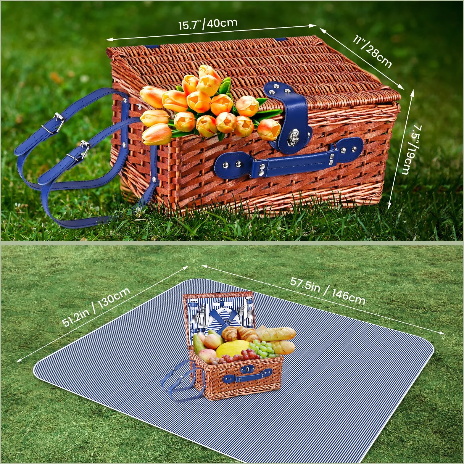 Panier de Pique Nique pour 4 Personnes,Couleeur Panier Pique Nique en Osier avec Couverture Pique-Nique Imperméable et Couverts, Panier Picnic pour Camping, Rose (Bleu 4 Personnes)