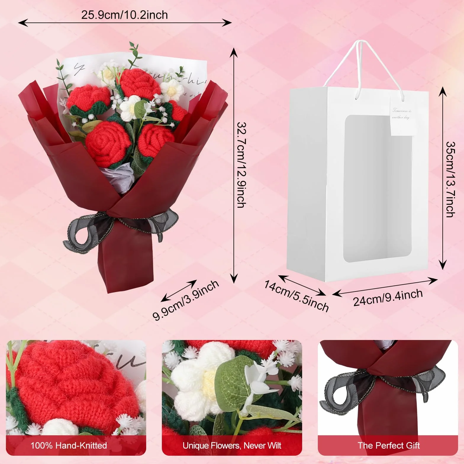 Foyucool Bouquet en Crochet Fait Main, Composition Florale Finie avec Sac Cadeau, Rose Rouge, Décoration Bureau, Idée Cadeau pour Femme