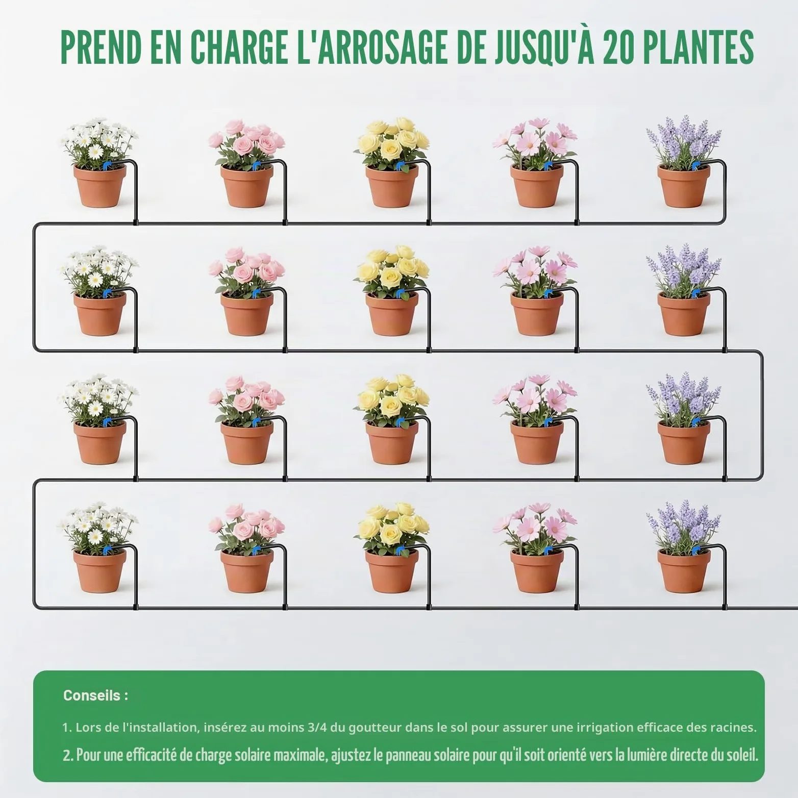 Arrosage Goutte à Goutte Solaire pour 20 Plantes, Kit D'irrigation Solaire Arrosage Automatique avec 12 Modes et 20M Tuyau Arrosage pour Vacances Jardin Balcon Greenhouse