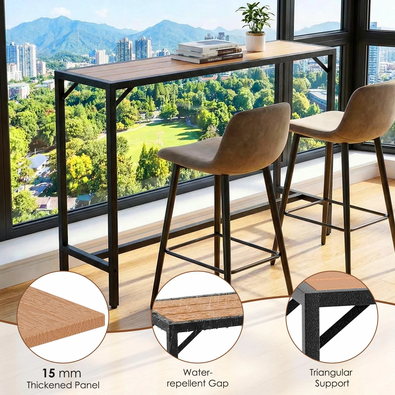 Table Haute de Jardin Clevich 120x38x98 cm Mange Debout Exterieur Plateau Étanche Pieds Réglables Hauteur Bois