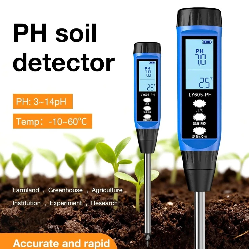 Testeur de sol numérique avec écran LCD, pH 3-14 haute précision et humidimètre pour l'agriculture et le jardin, fonctionnement portable à un bouton (605)