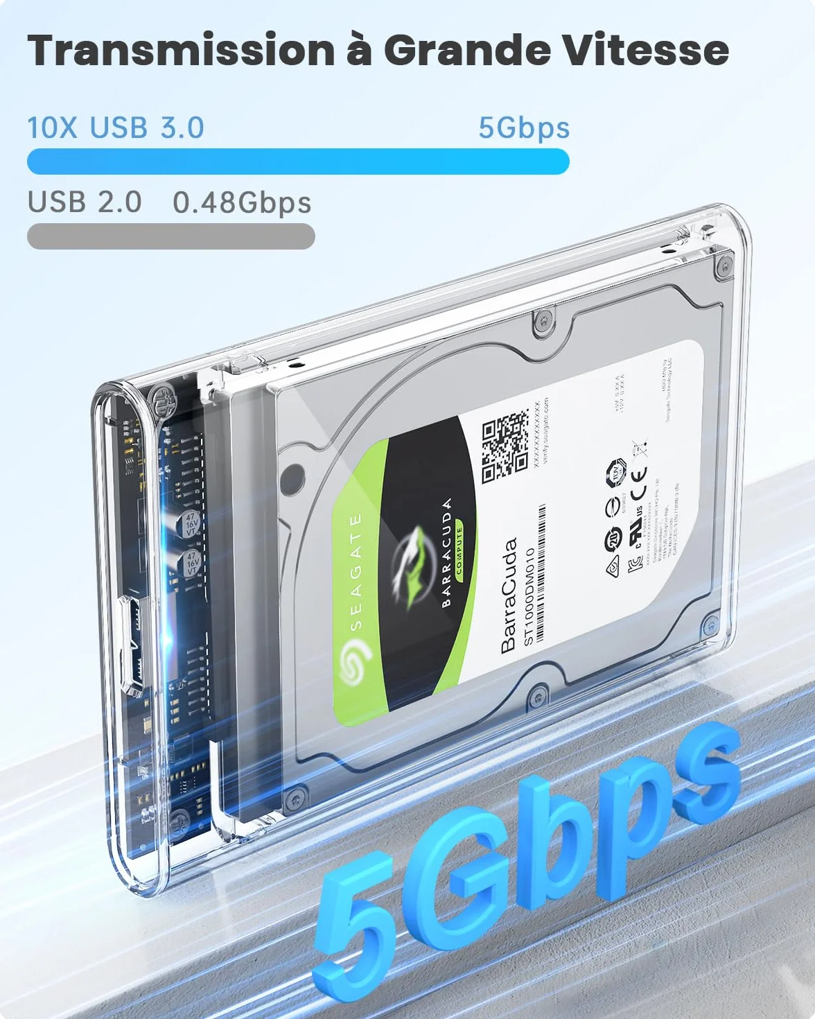 POSUGEAR Boîtier Disque Dur 2.5" USB 3.0 Externe 5Gbps SATA HDD SSD UASP Trim Sans Outils Transparent