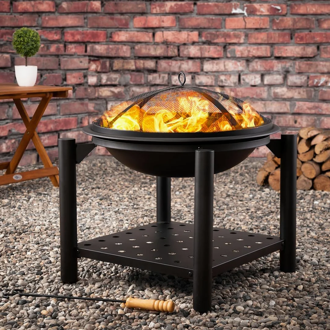 Gardebruk® Brasero de Jardin avec Pare-étincelles Couvercle tisonnier Ø55 cm Support à Bois Acier Noir Jardin Terrasse Cheminée
