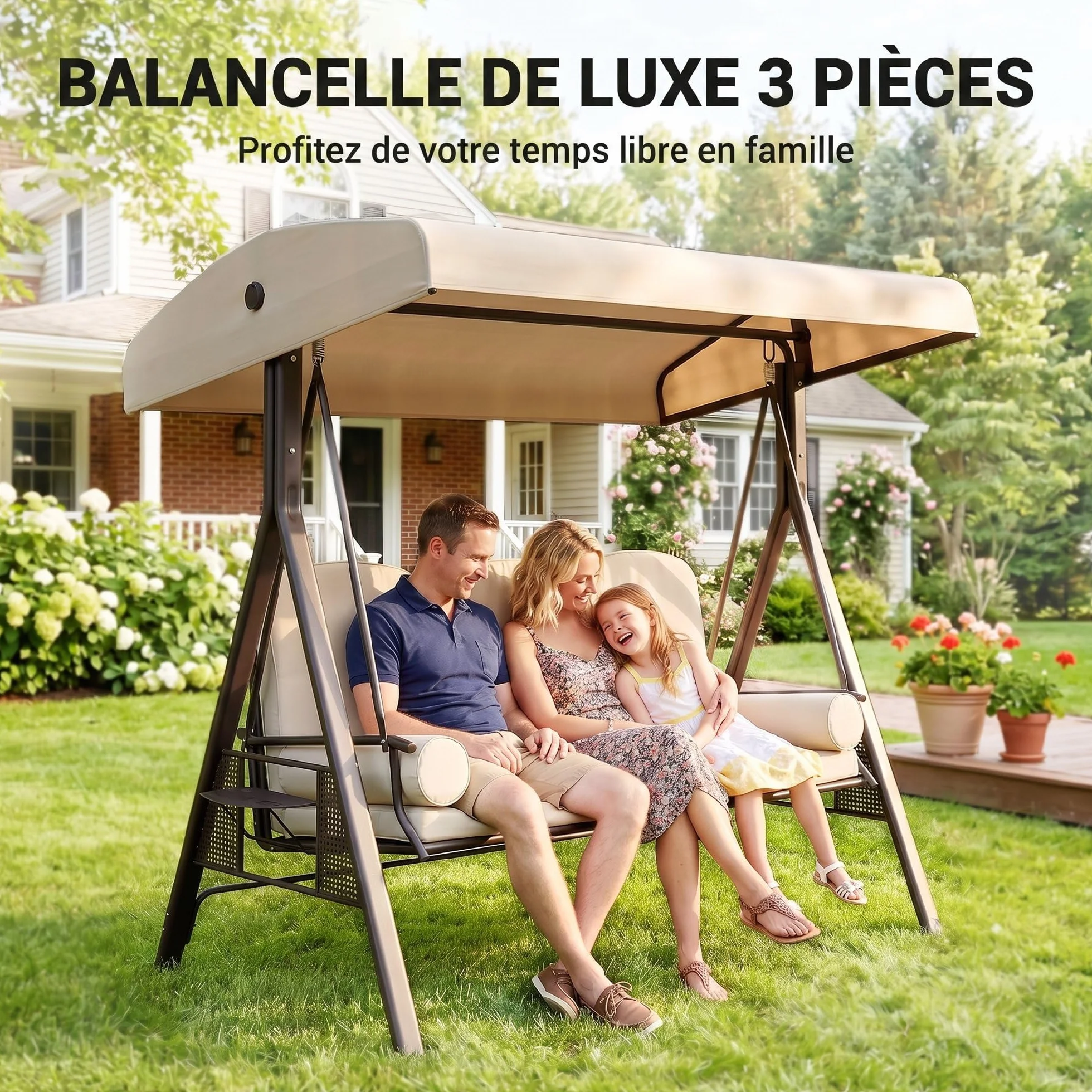 Outsunny Balancelle de Jardin 3 Places Grand Confort Toit Inclinaison réglable Coussins Plateaux rétractables Beige