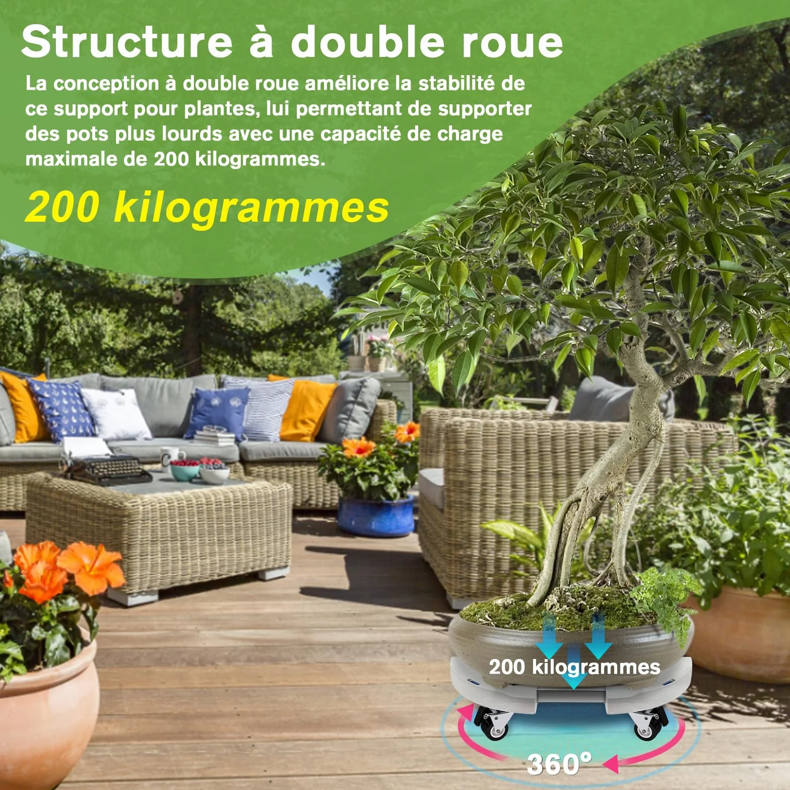 DEWEL Support Roulette Porte Plante Réglable 38-50cm, Capacité de Charge 200 kg