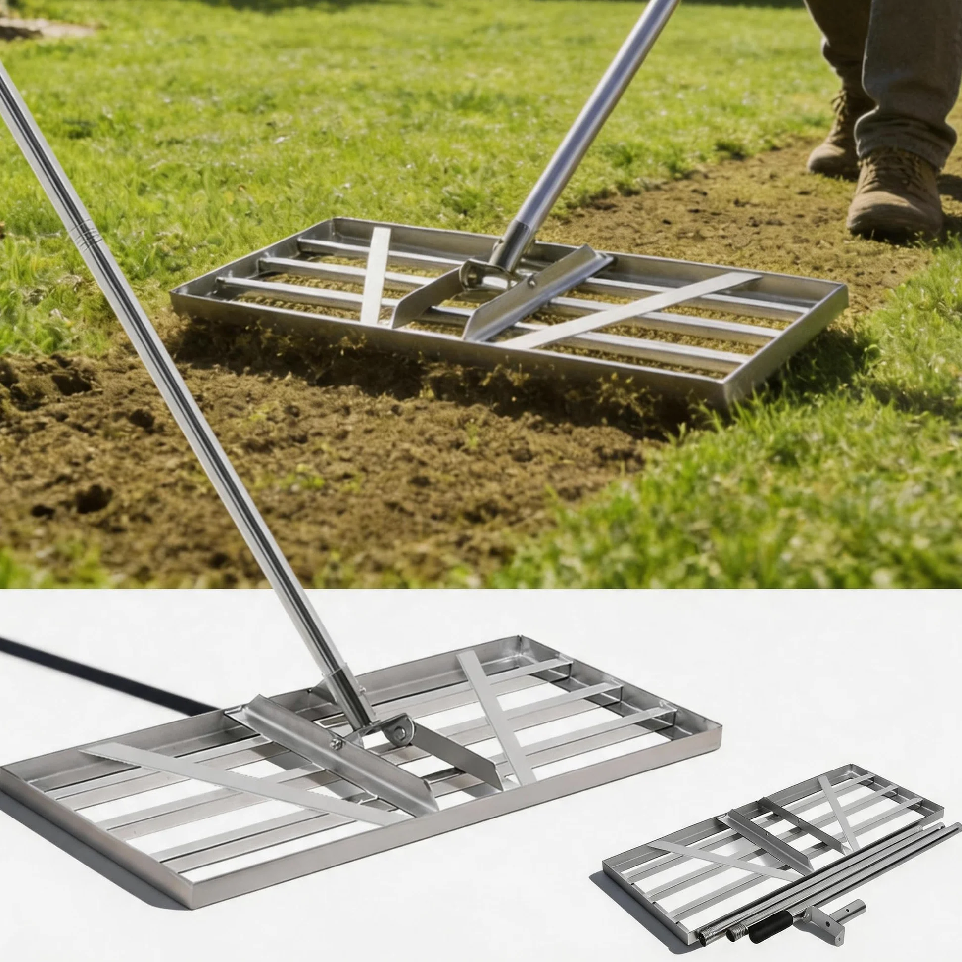 XIIW XXL Râteau de Nivellement Pelouse 85 x 35 cm, Manche Réglable 200 cm | Acier Inoxydable V2A Épaissi, Outil pour Niveler Gazon, Pelouse et Sol, Jardins, Terrains de Golf et de Football