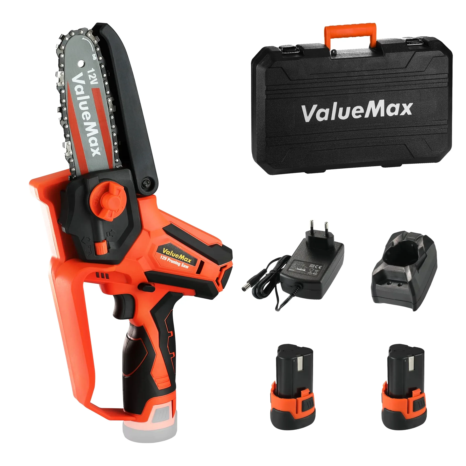 ValueMax Mini Tronconneuse a Batterie 4 Pouces | 12V Tronçonneuse Électrique Sans Fil Portable et 2 * 2000mAh Batteries pour les Branches d'arbres, l'élagage le Jardin