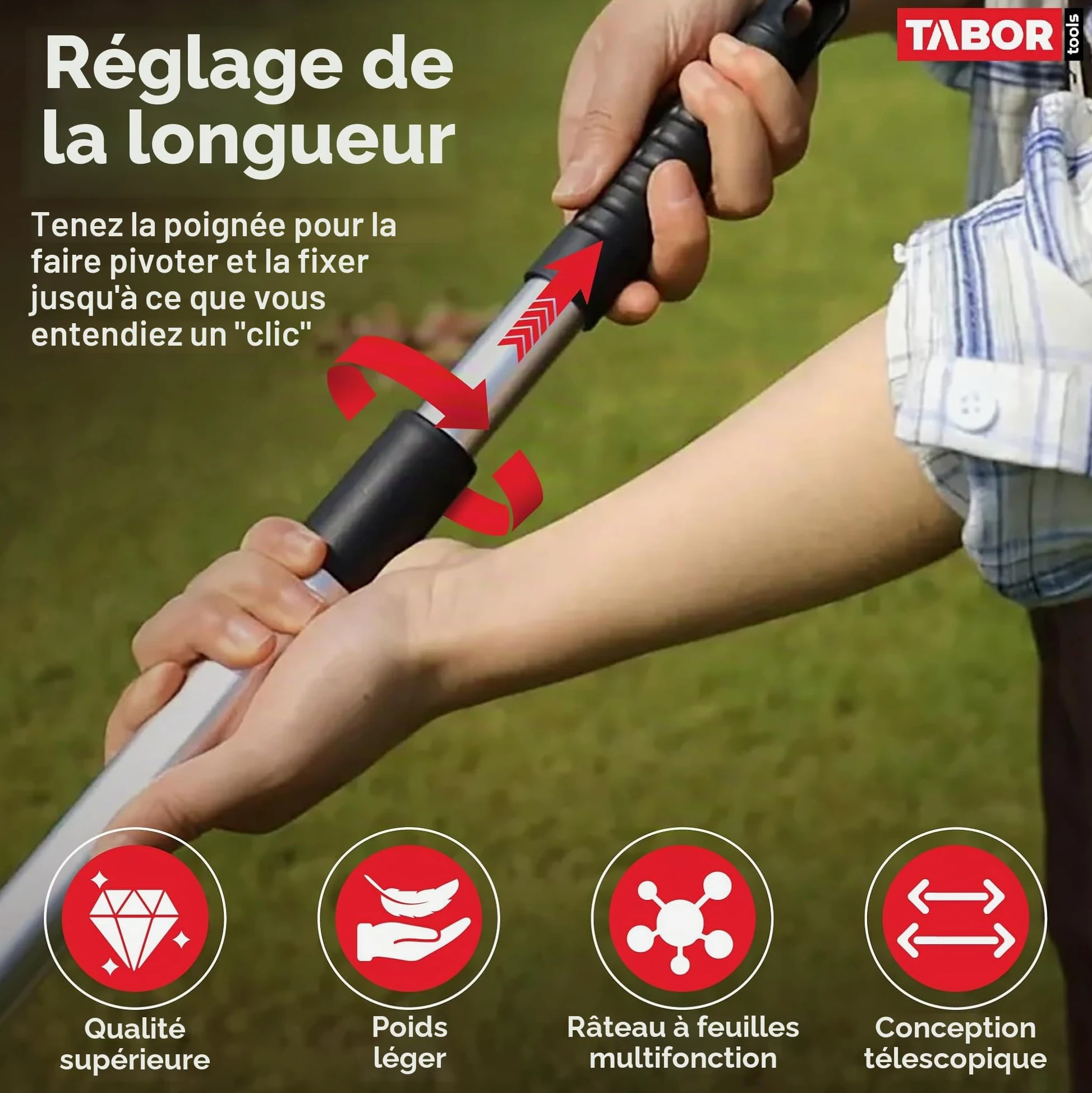 TABOR Tools J16E Râteau télescopique en métal, 160 cm de Long, râteau à Feuilles Pliable réglable pour Un Nettoyage Rapide de la pelouse et de la Cour, râteau à Feuilles de Jardin, poignée Extensible