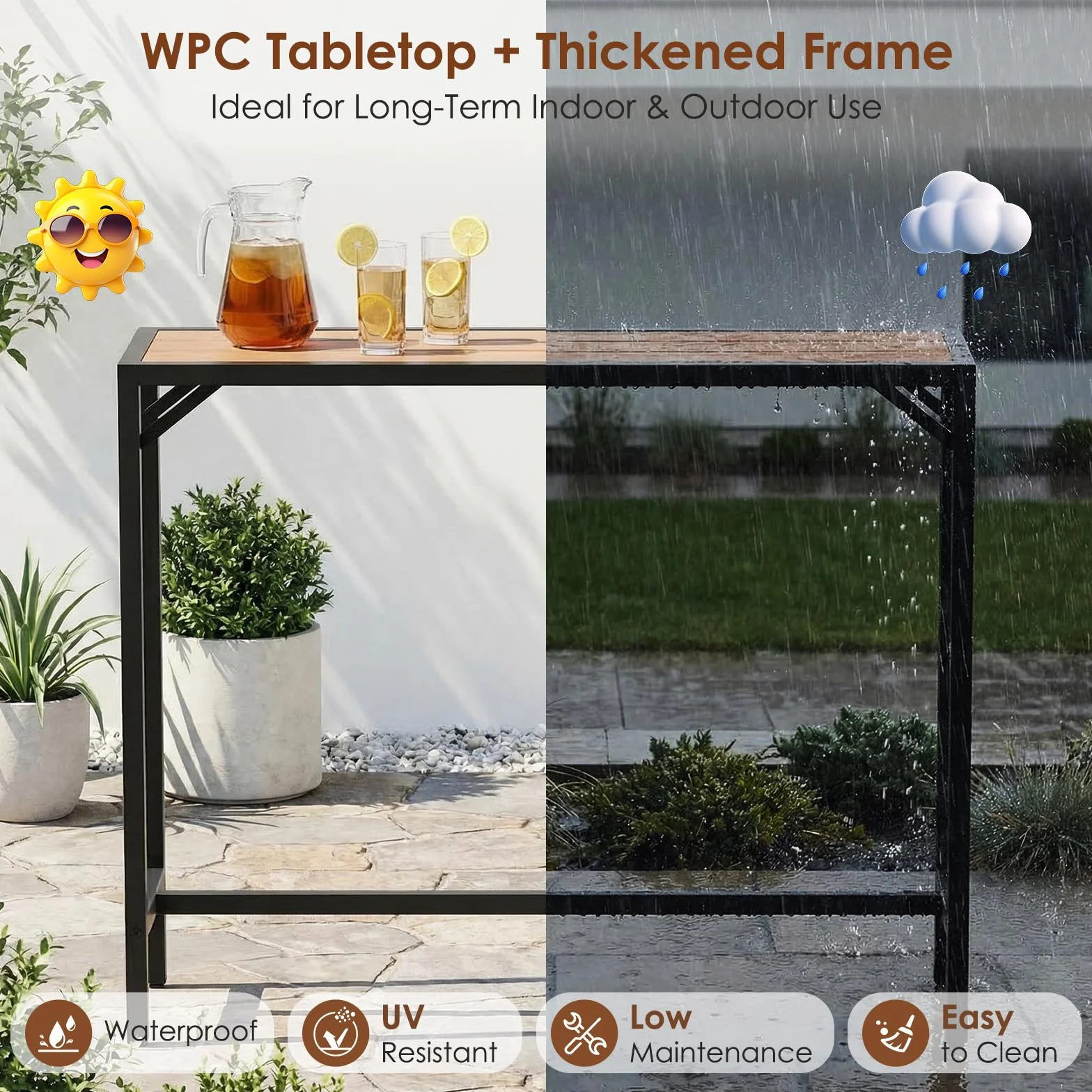 Table Haute de Jardin Clevich 120x38x98 cm Mange Debout Exterieur Plateau Étanche Pieds Réglables Hauteur Bois