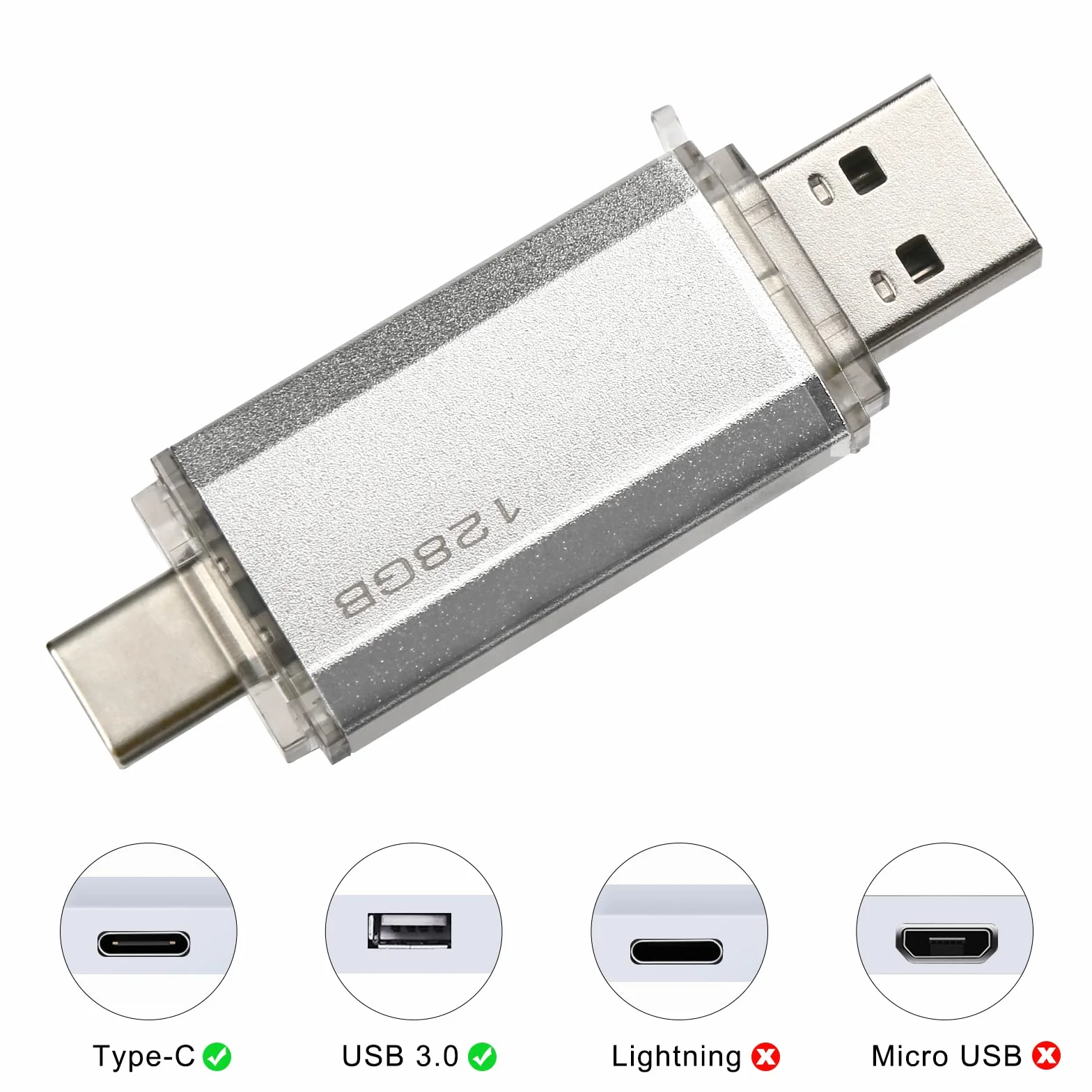 Clé USB C 128GB 2-en-1 Dual Connector OTG Type C Metal Flash Argent