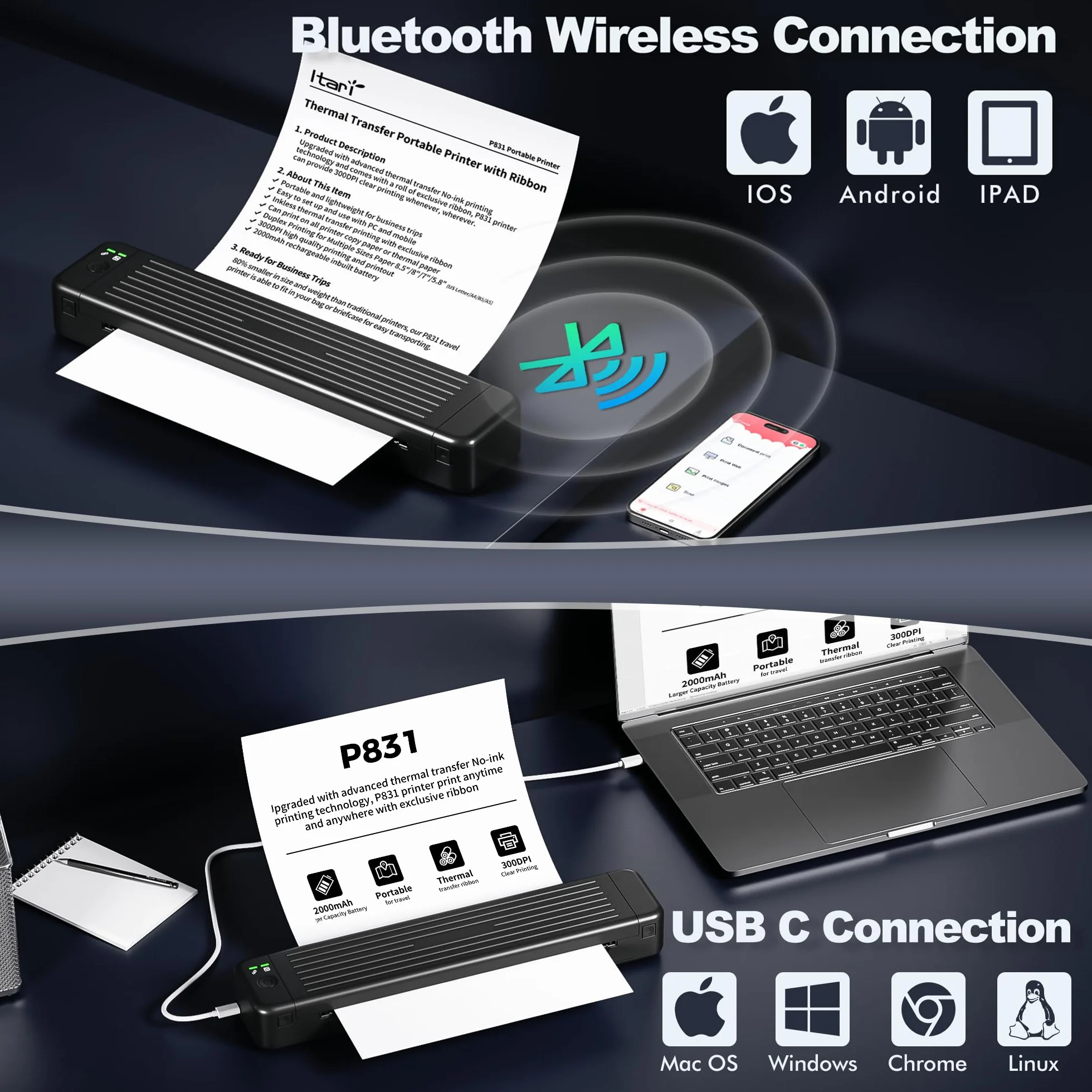 Itari Imprimante Portable P831 Thermique Compatible Android iOS Voyages Bureau