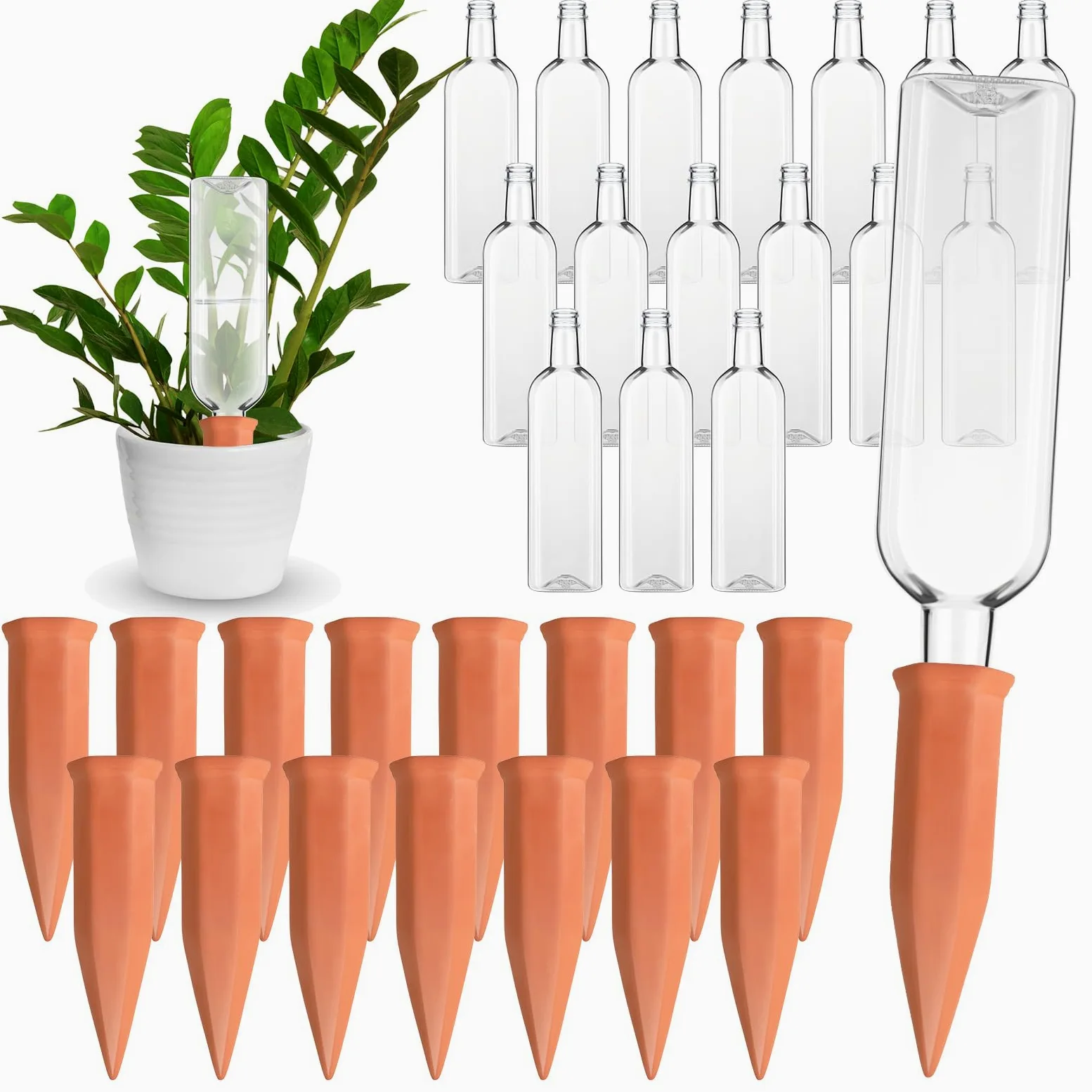 Dandat Lot de 32 dispositifs d'arrosage automatique pour plantes - Bouteilles en plastique de 963,9 g - Avec pointes d'arrosage automatique - Pour intérieur et extérieur