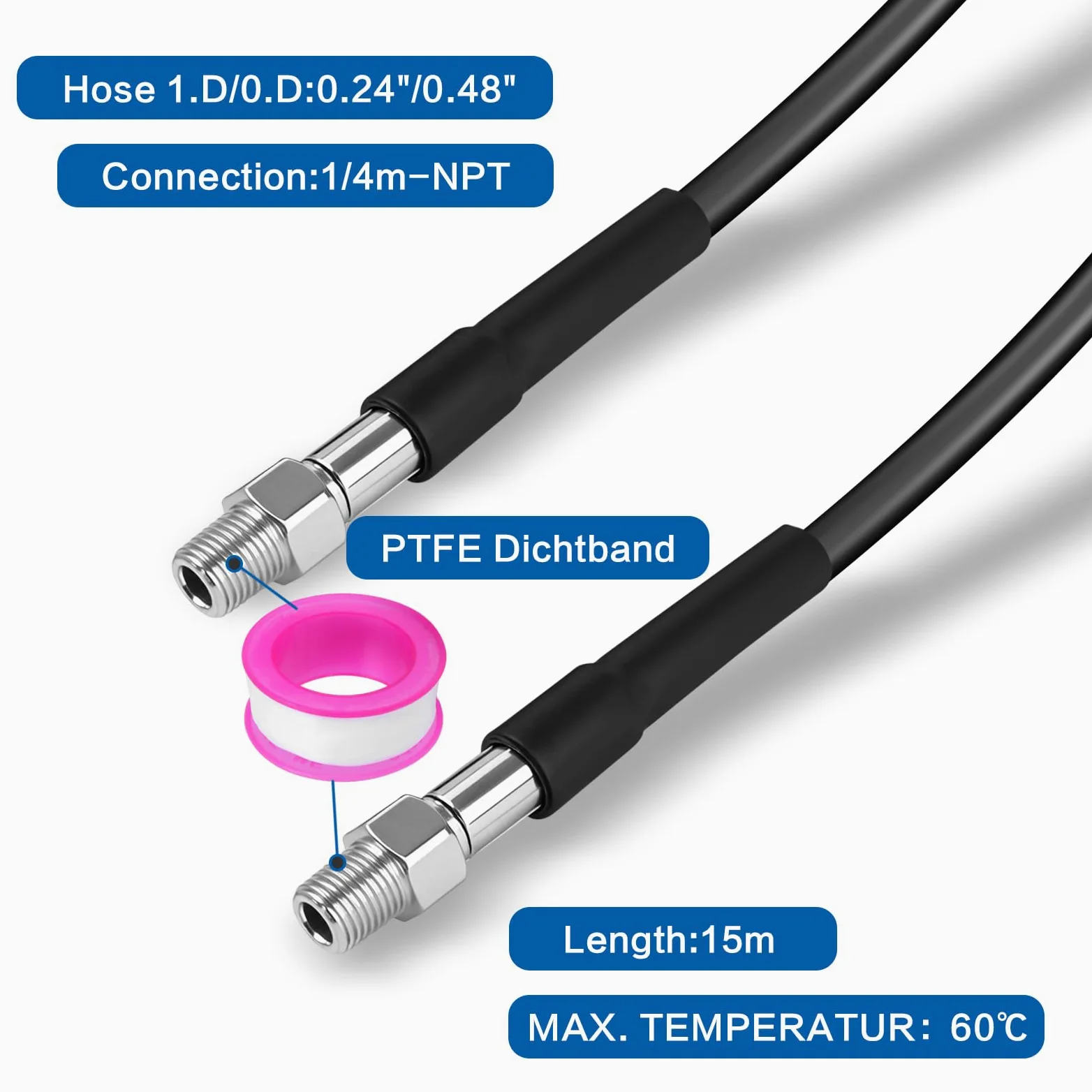 15M Tuyau Nettoyeur Haute Pression, Tuyau de Nettoyage de Canalisation, Tuyau de Rechange Haute Pression Compatible avec Karcher K2-K7, Inclut Adaptateurs, Buses, Sac et Ruban PTFE, 400 Bar 140°F