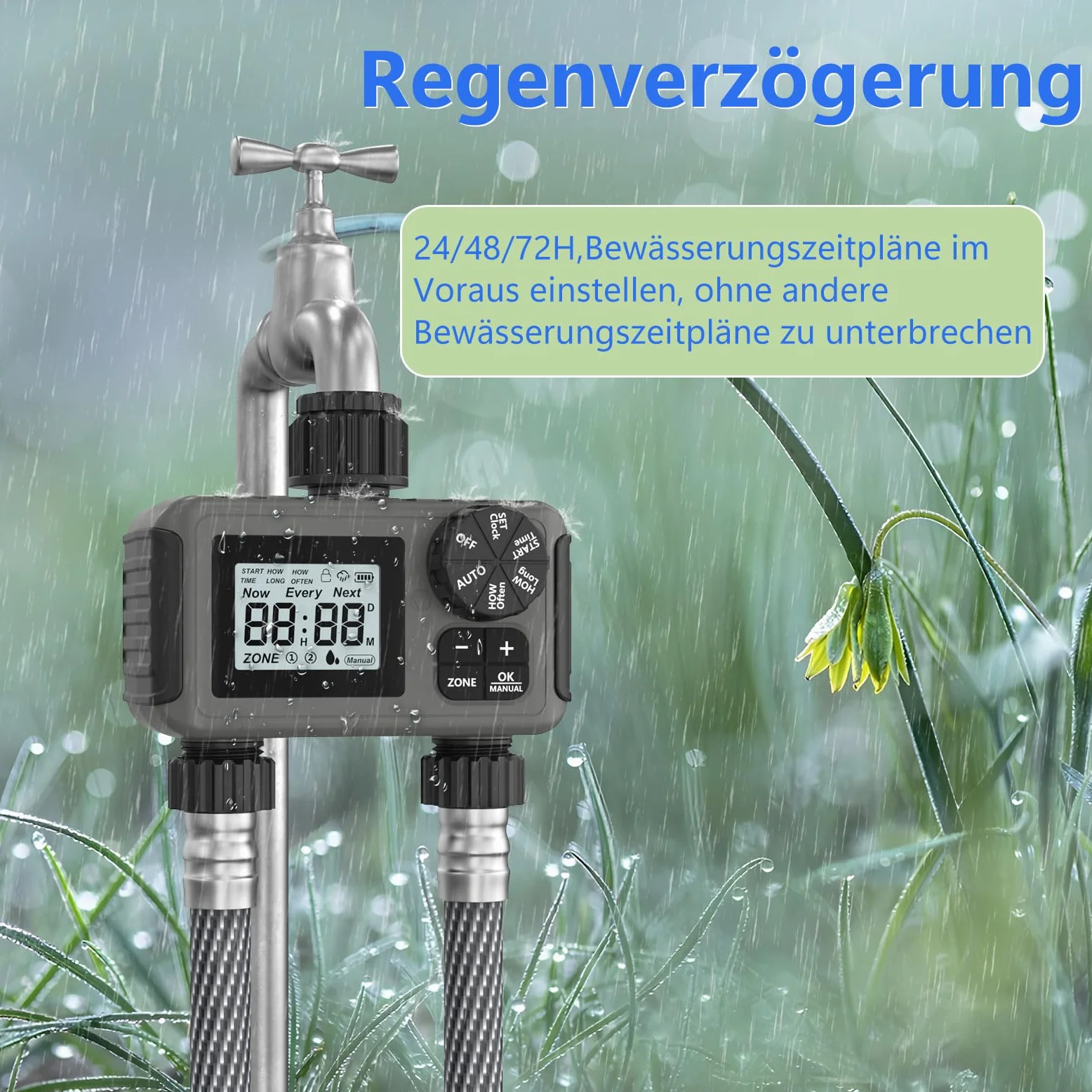 HITRENDS Ordinateur d'irrigation 2 sorties, grand écran LED, minuterie d'arrosage avec retard de pluie/contrôle manuel/minuterie de robinet, convient pour les jardins, les pelouses et les plantes en