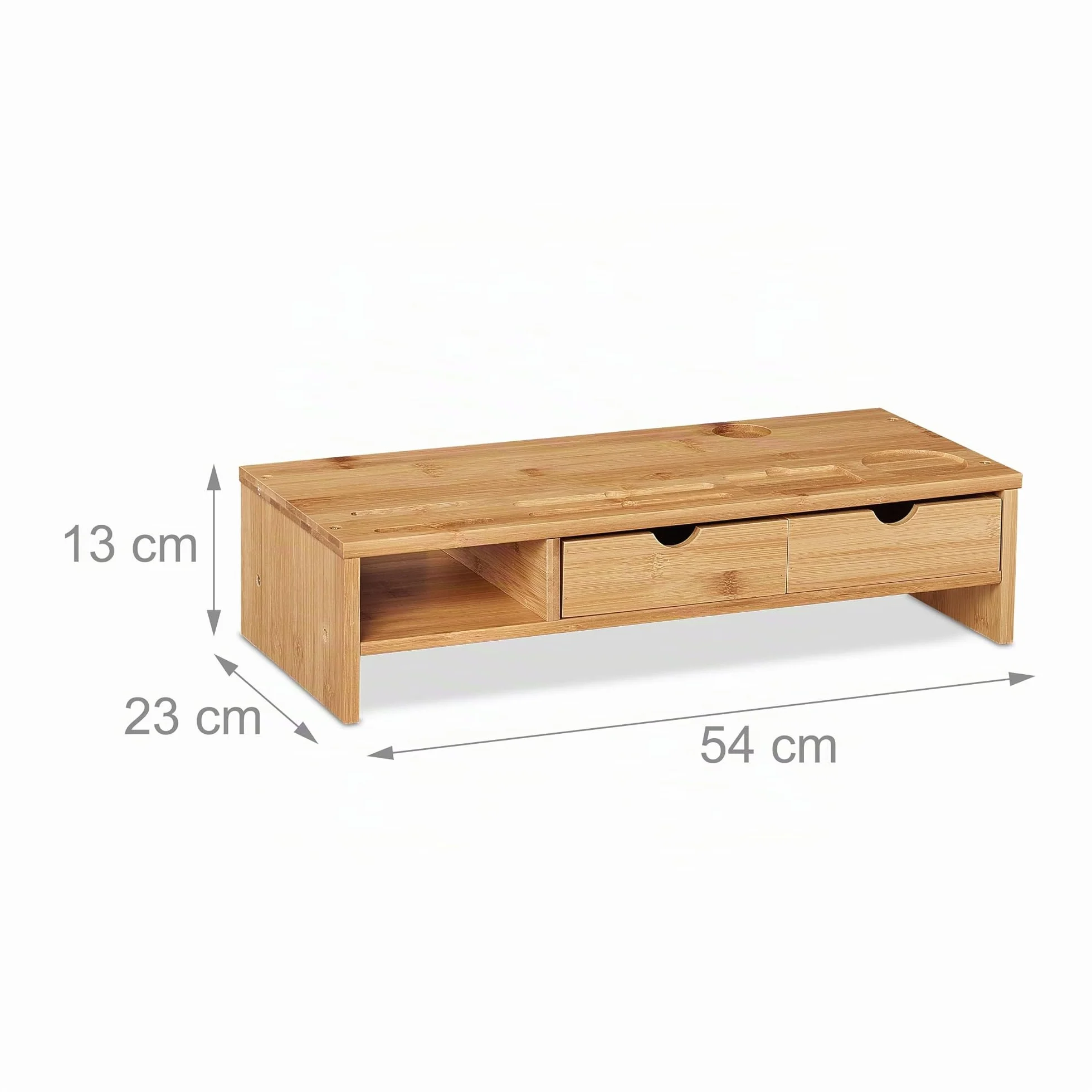 Relaxdays Support d'écran PC en Bambou 2 tiroirs Rehausseur Ordinateur 13x54x23 cm Naturel