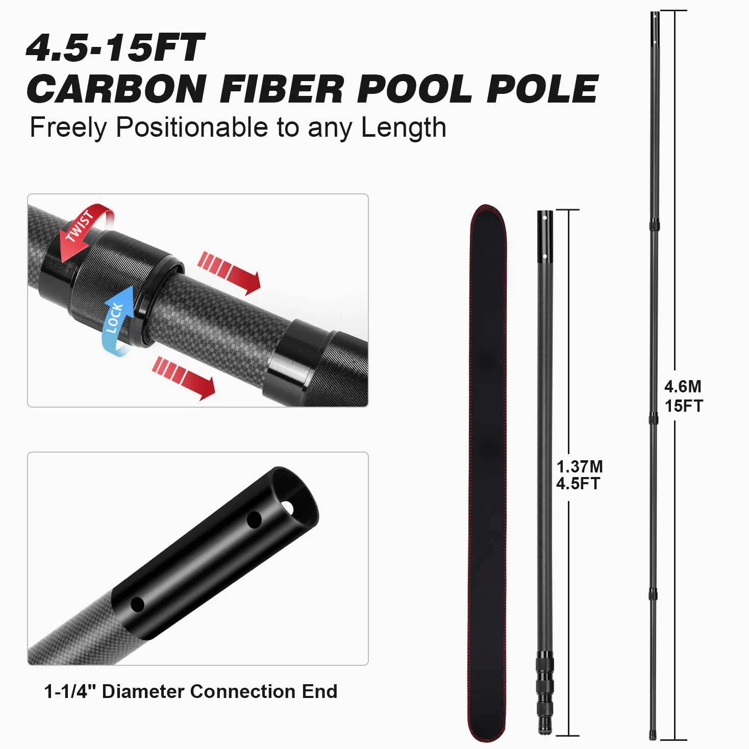 Perche télescopique de 4,6 m pour épuisette de Piscine, rallonge en Fibre de Carbone, réglable de 1,4 m à 4,6 m, pour Le Nettoyage des piscines et bassins de Jardin