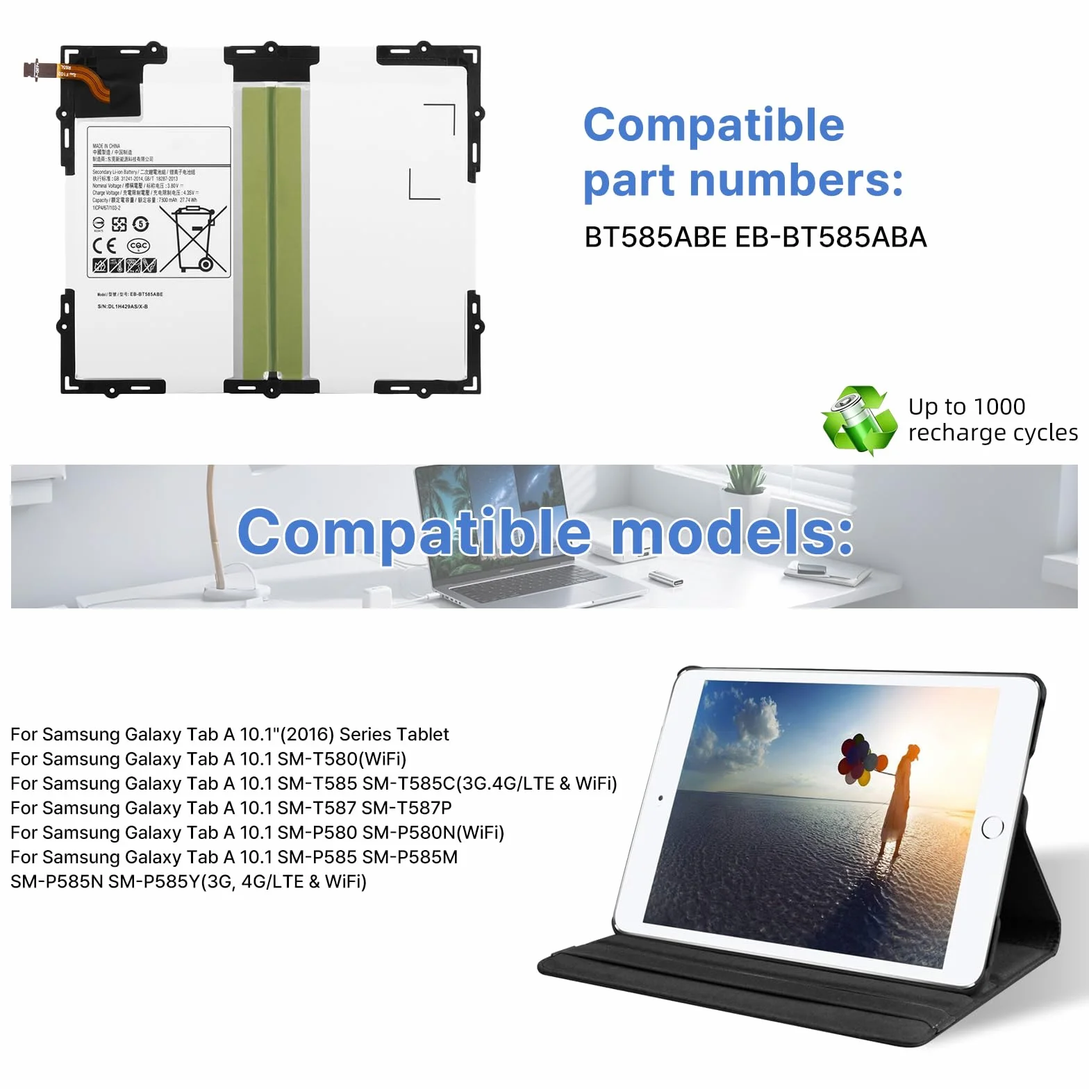 Samsung Galaxy Tab A 10.1 2016 Batterie EB-BT585ABE 27.74Wh 7300mAh SM-T580 SM-T585 T585C SM-T587 SM-T587P S-Pen SM-P580 P580N SM-P585 P585M P585Y 3G 4G LTE WiFi