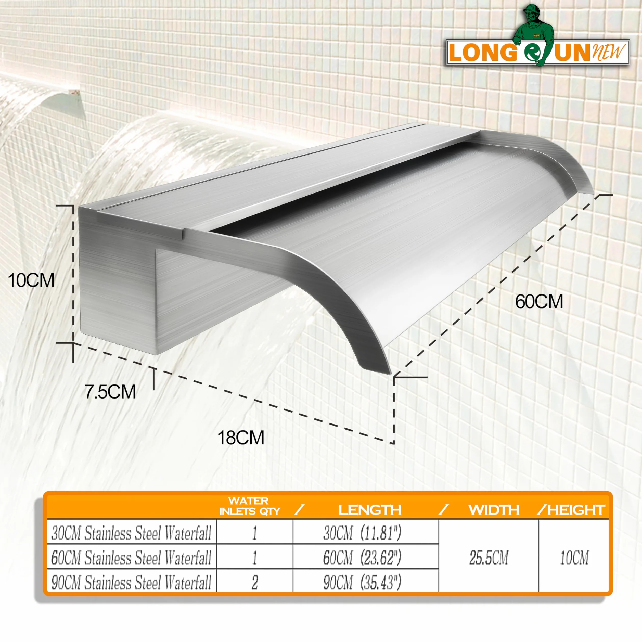 Fontaine De Piscine, Cascade Bassin Exterieur en Acier Inoxydable 60cm De Long, Déversoir De Sortie Incurvé De Largeur 18 cm avec Accessoires pour La Décoration D'étang, Patio,Jardin