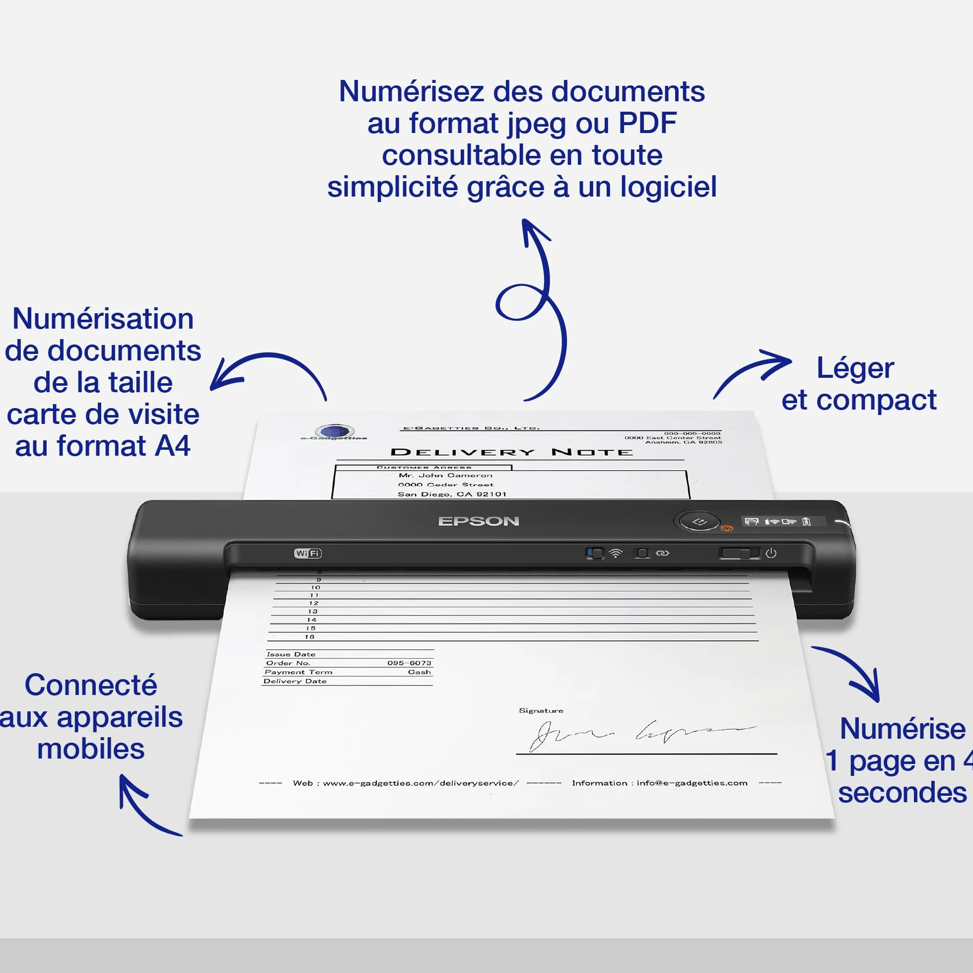EPSON WorkForce ES-60W skaner dokumentów mobilny WiFi bateria LCD 4s/strona ScanSmart podajnik automatyczny czarny