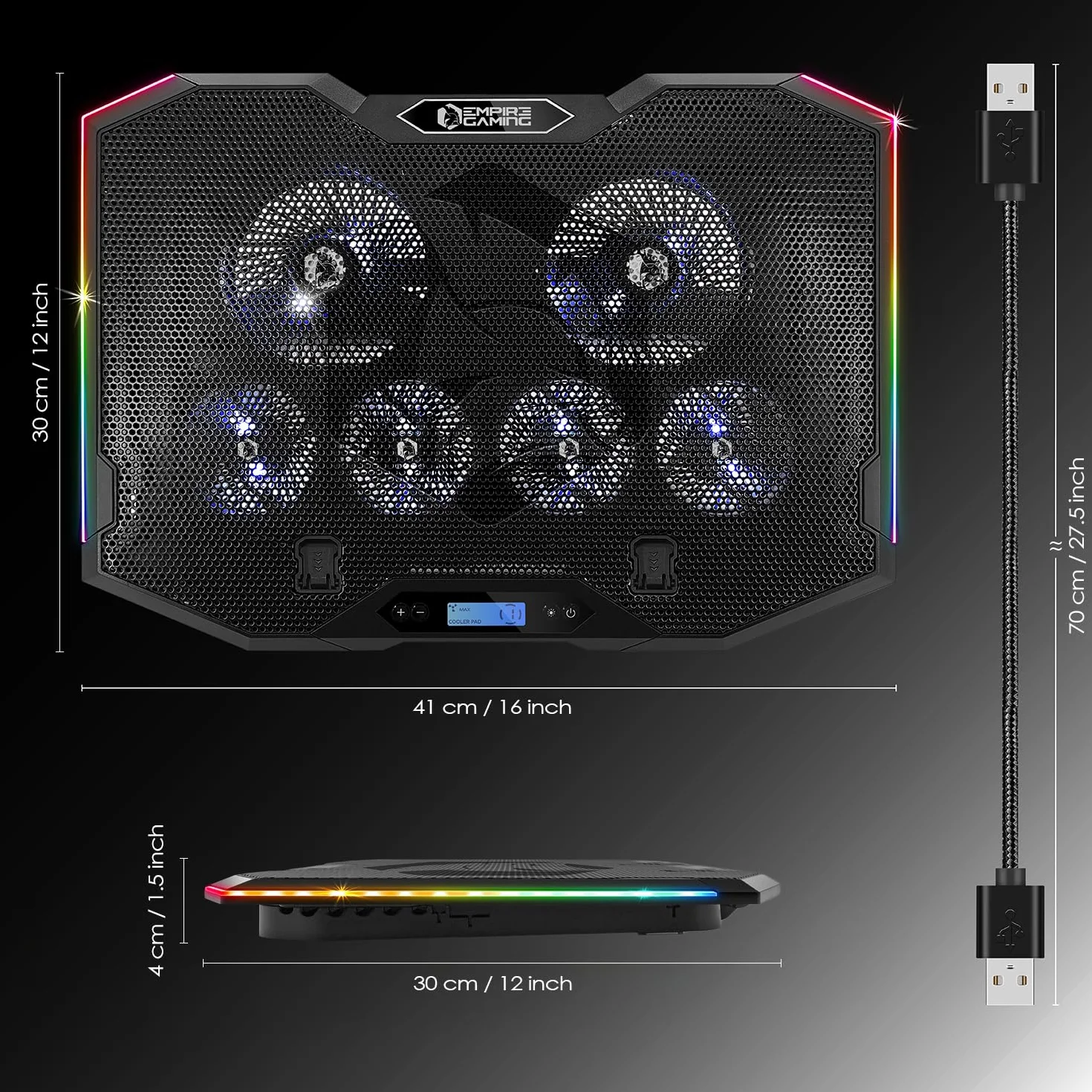 EMPIRE GAMING Guardian S-C100 Refroidisseur PC Portable RGB Gamer 6 Ventilateurs Contrôleur LCD 5 Hauteurs Réglables Compatible 12-17 Pouces Noir
