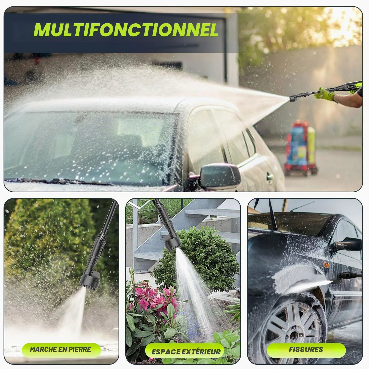 highsam Pressure Washer Nettoyeur Haute Pression sans Fil 4 Vitesses Max. 120 Bar avec 2 Batteries 4,0 Ah, buse rotative 6 en 1 et 180 °,Tuyau De 5 M,Nettoyage Arrosage