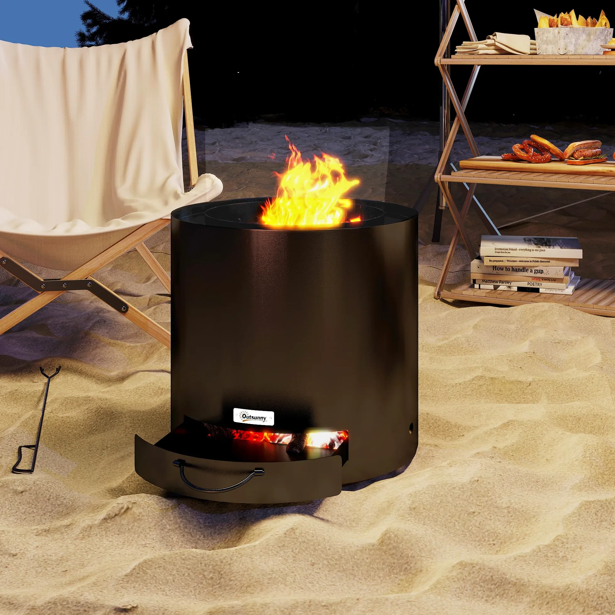 Outsunny Brasero extérieur Ø 45 cm avec bac à Cendres, Acier Noir | Tisonnier inclus, chauffage à charbon de bois pour jardin, camp, cour