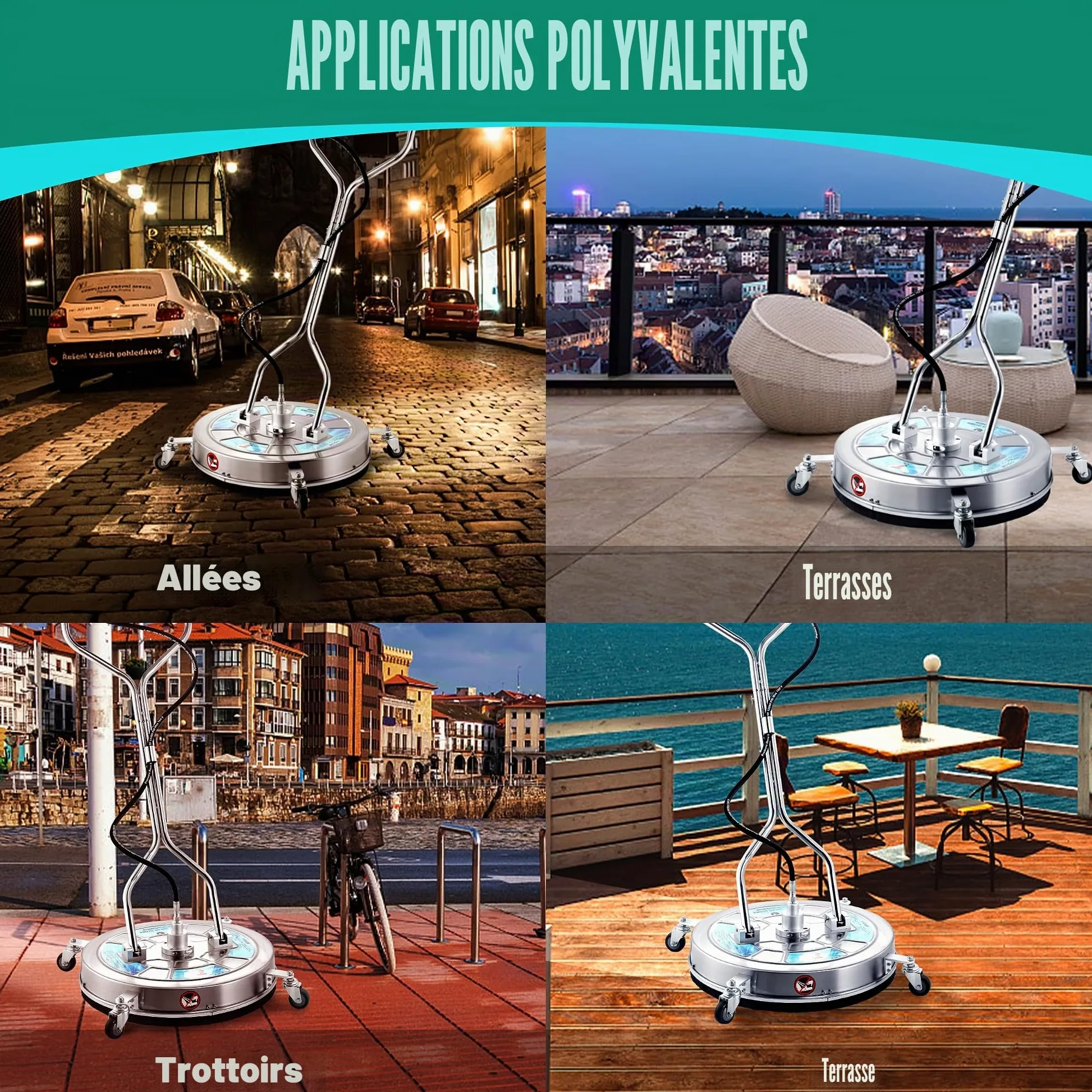 Tool Daily Nettoyeur de Surface Haute Pression avec Double Poignée, 60 cm | Nettoyeur de Terrasse pour Nettoyeur Haute Pression avec Roues, Acier Inoxydable, Idéal pour Allée, Trottoir et Patio, 310bar