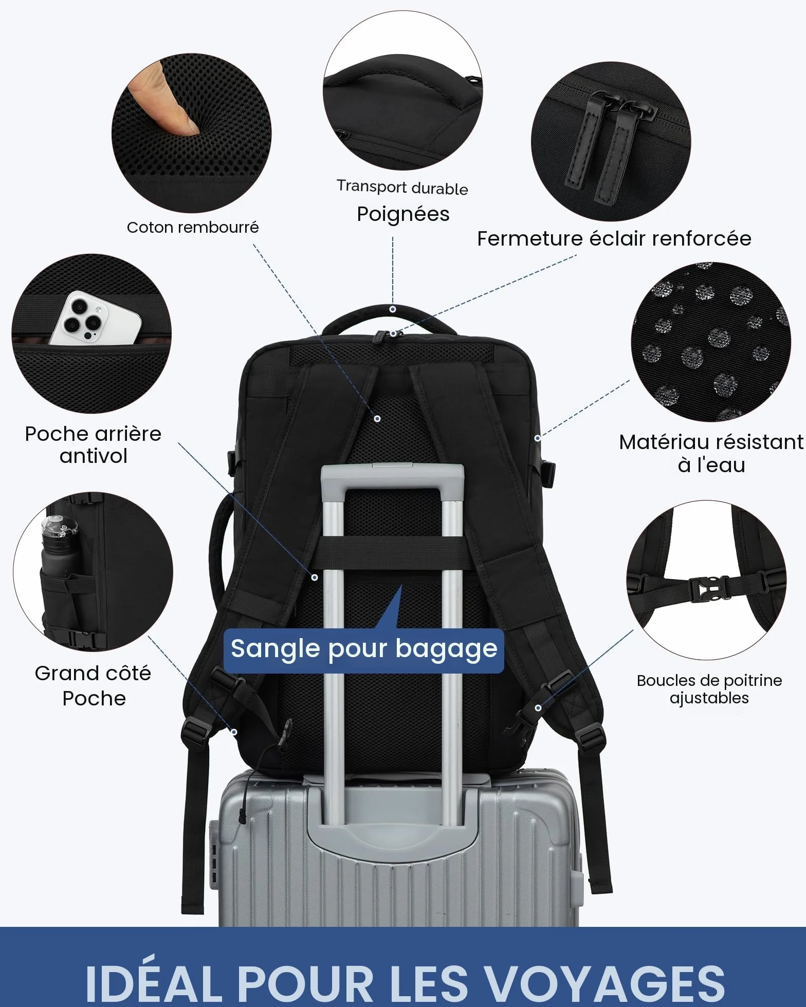 LOVEVOOK Sac à Dos Voyage Cabine Avion 40L Imperméable Ordinateur Portable 17,3 Pouces Homme Femme Noir