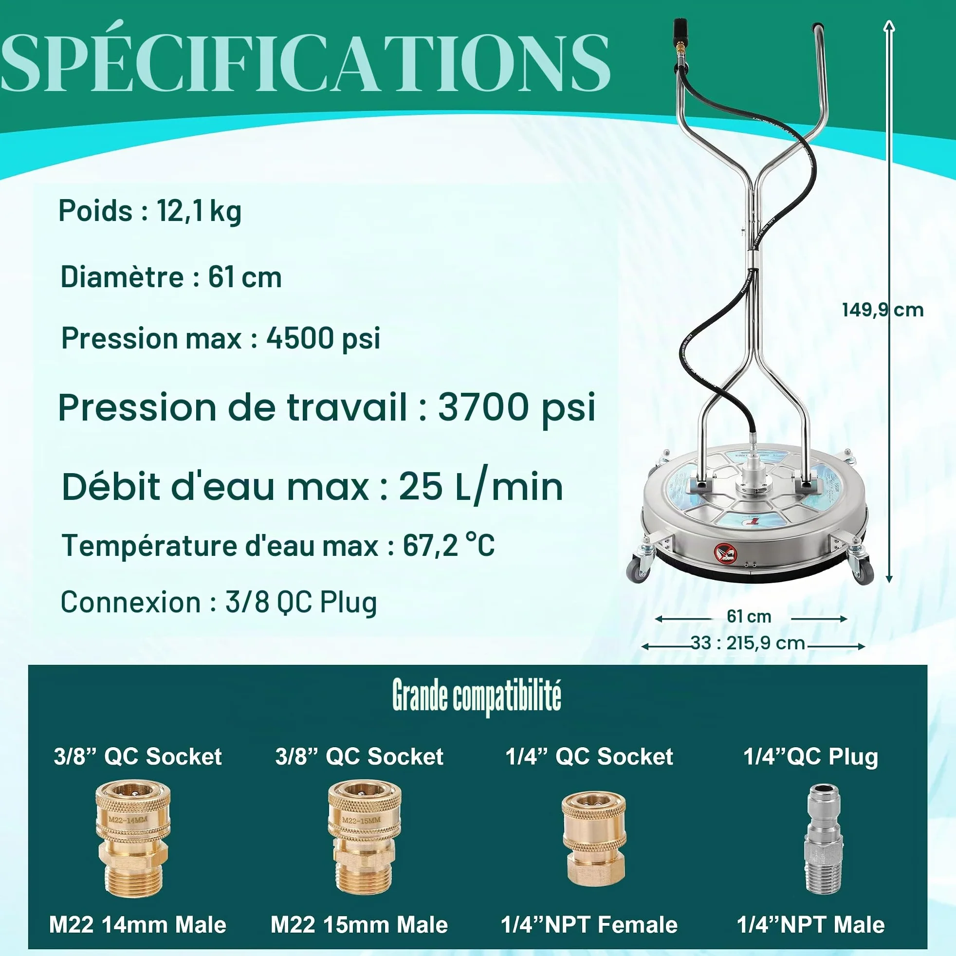 Tool Daily Nettoyeur de Surface Haute Pression avec Double Poignée, 60 cm | Nettoyeur de Terrasse pour Nettoyeur Haute Pression avec Roues, Acier Inoxydable, Idéal pour Allée, Trottoir et Patio, 310bar