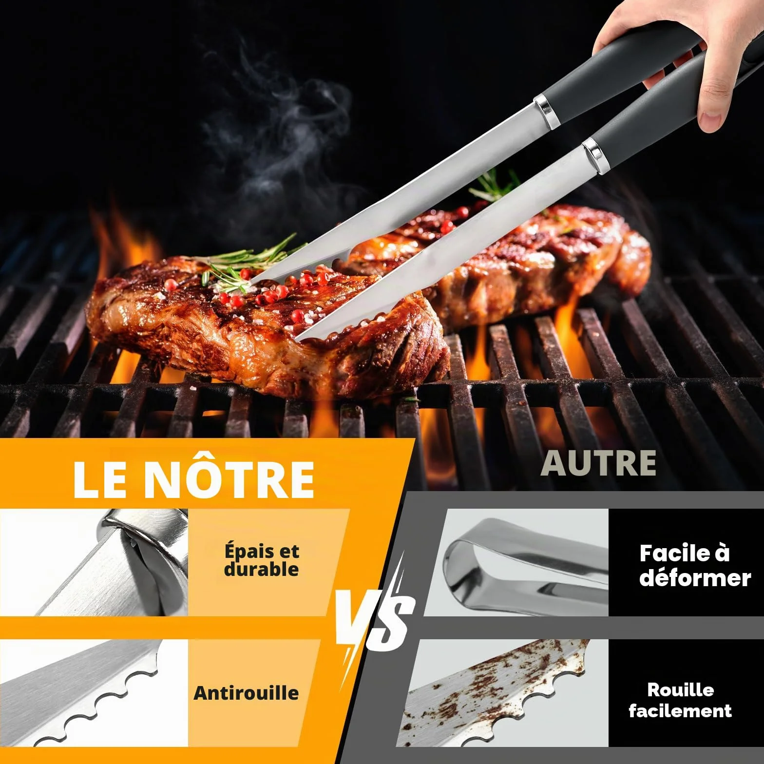 Set d'Accessoires Barbecue 10 Pièces Inoxydable - Ustensiles de Cuisson Extérieur avec Pince, Spatule, Fourchette & Brosse