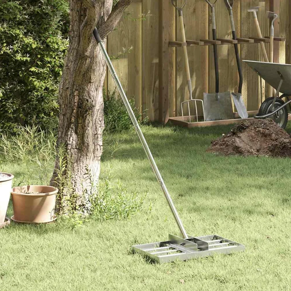 Râteau de jardin argenté 45 x 25 x 200 cm en acier inoxydable pour pelouse, jardin, terrain de golf, terre, sable