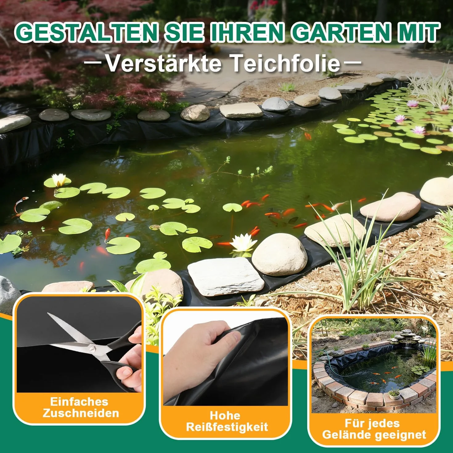 Bâche pour bassin - 3 x 4 m - Noir - 0,5 mm - PEHD - Haute résistance à la traction - Pour bassins à poissons, étangs de natation et projets de jardin