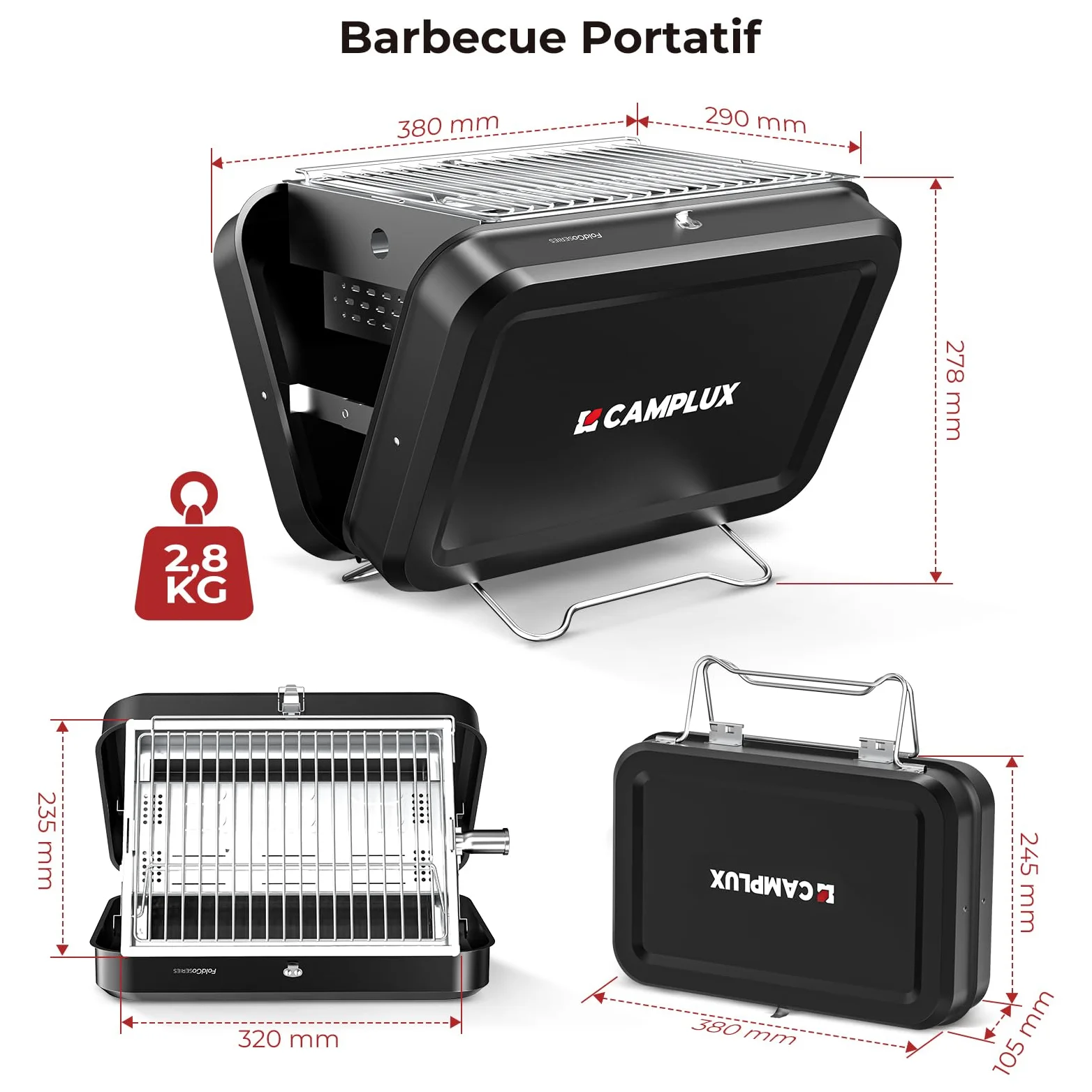 CAMPLUX FoldGo Barbecue Portable 2-en-1 Gaz Charbon Camping, FG16GB | Grille 32x23,5 cm, 2 kW, Design Pliable Compact, Parfait pour Camping, Randonnée et Voyages